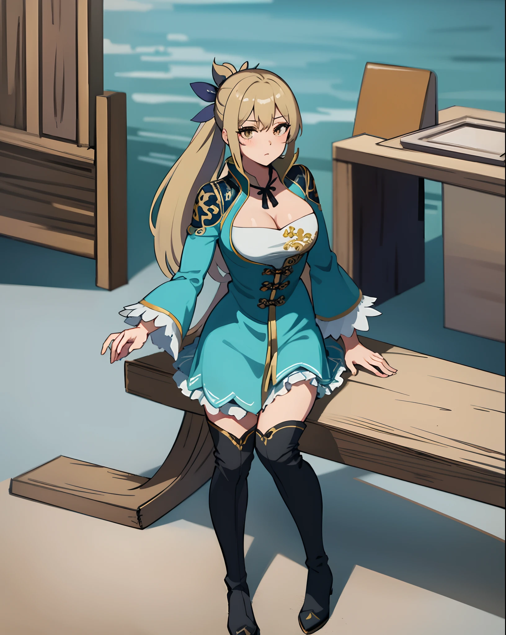 best quality, (masterpiece:1.2), illustration, absurdres,
(1girl, solo), (beautiful detailed girl), (cute:0.4), 
Wang Yuanji, blonde hair, ponytail, brown eyes, large breasts, 
aqua dress, ornate dress, cleavage, aqua skirt, black thigh boots, thighhigh boots, high heels,
blush, looking at viewer, 
(chinese architecture background), 
sitting, cowboy shot, full body,