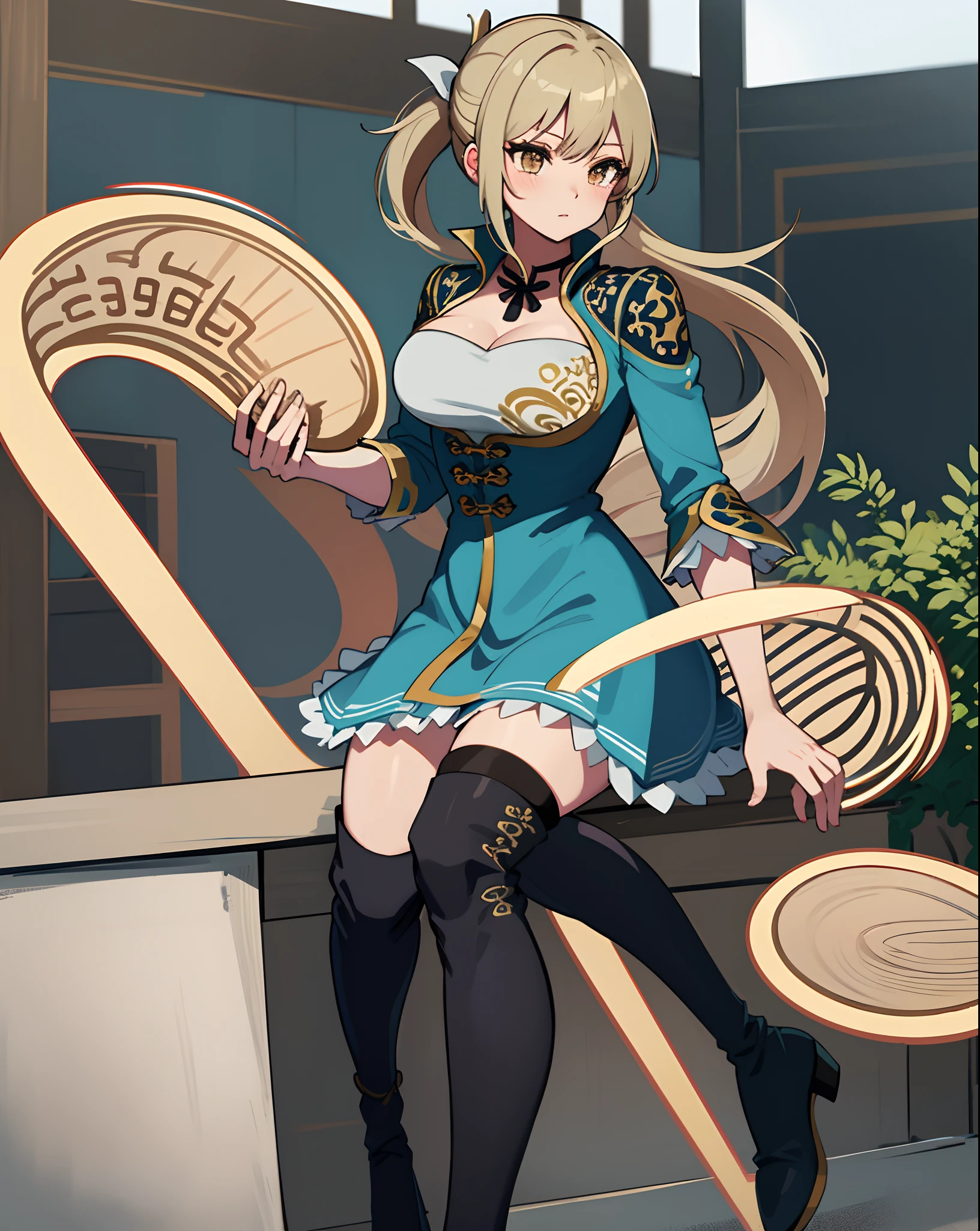 best quality, (masterpiece:1.2), illustration, absurdres,
(1girl, solo), (beautiful detailed girl), (cute:0.4), 
Wang Yuanji, blonde hair, ponytail, brown eyes, large breasts, 
aqua dress, ornate dress, cleavage, aqua skirt, black thigh boots, thighhigh boots, high heels,
blush, looking at viewer, 
(chinese architecture background), 
sitting, cowboy shot, full body,