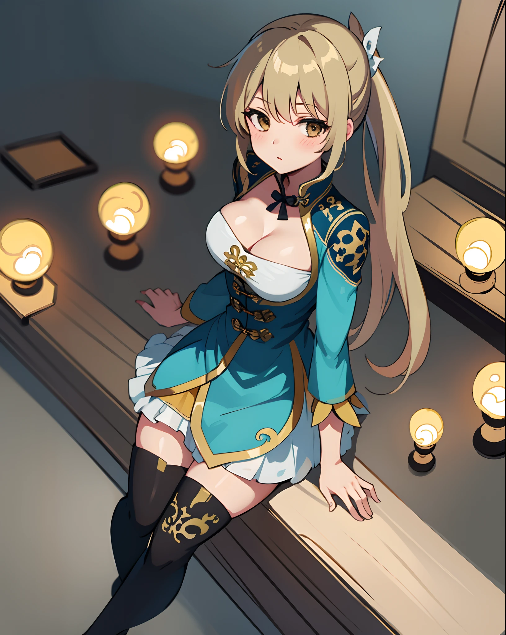 best quality, (masterpiece:1.2), illustration, absurdres,
(1girl, solo), (beautiful detailed girl), (cute:0.4), 
Wang Yuanji, blonde hair, ponytail, brown eyes, large breasts, 
aqua dress, ornate dress, cleavage, aqua skirt, black thigh boots, thighhigh boots, high heels,
blush, looking at viewer, 
(chinese architecture background), 
sitting, cowboy shot, full body,