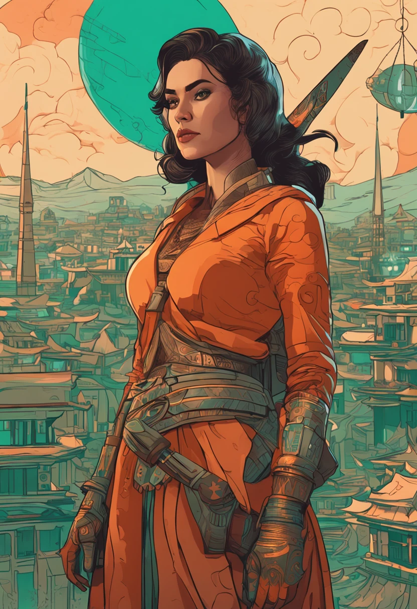 in the roofs of persian city, a woman, sci-fi, samurai, matte painting, cleavage, rachel weiz, green eyes, thick body, chubby, tech armor, vimanas, old school tattoo, woman, sumerian, vapor wave, atay ghailan, alphonse mucha, Wes Anderson, star trek, fluid dynamics background, teal and orange,