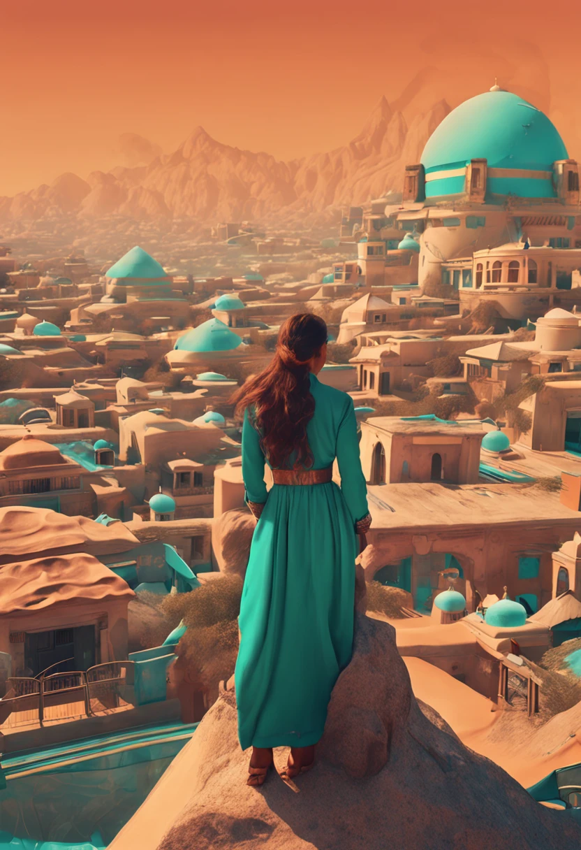 in the roofs of persian city, a woman, sci-fi, samurai, matte painting, cleavage, rachel weiz, green eyes, thick body, chubby, tech armor, vimanas, old school tattoo, woman, sumerian, vapor wave, atay ghailan, alphonse mucha, Wes Anderson, star trek, fluid dynamics background, teal and orange,