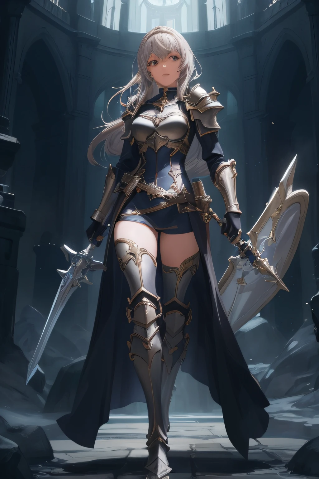 Beautiful lady with long blond hair and blue eyes,Short ponytail,Chest,cleavage,black tights,Black sci-fi armor,Long skirt,iron boots,whole body,cross sword,Standing,maze(masterpiece, best quality, high quality, High resolution, Extremely detailed),
