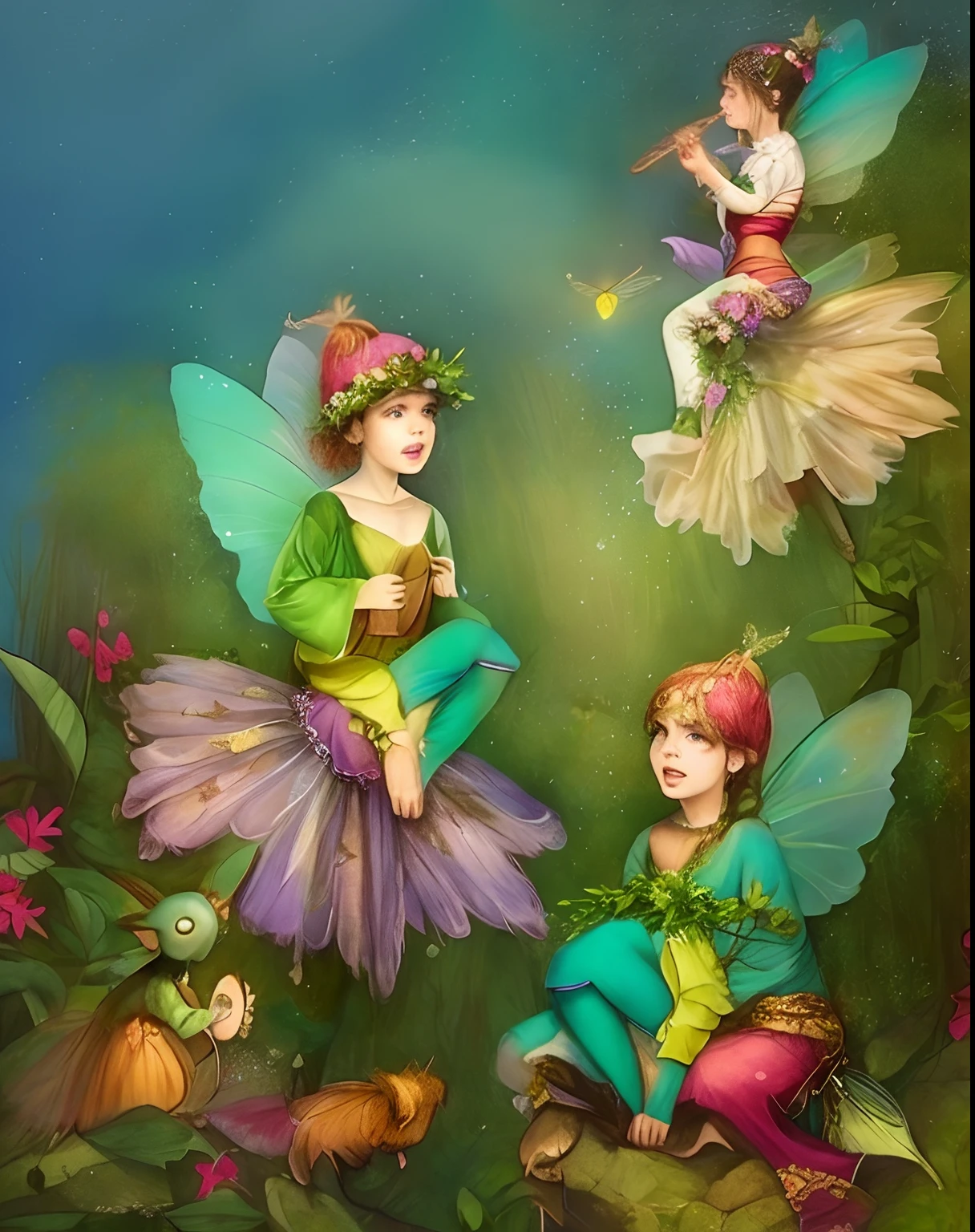 Amidst a lush, enchanted forest, dappled with iridescent mushrooms and sparkling dew-kissed flowers, graceful elves with gossamer wings danced in the soft, golden glow of twilight.
animals, drawing, illustration, nature, nostalgia, watercolor, whimsical
(art by E. H.
Shepard)