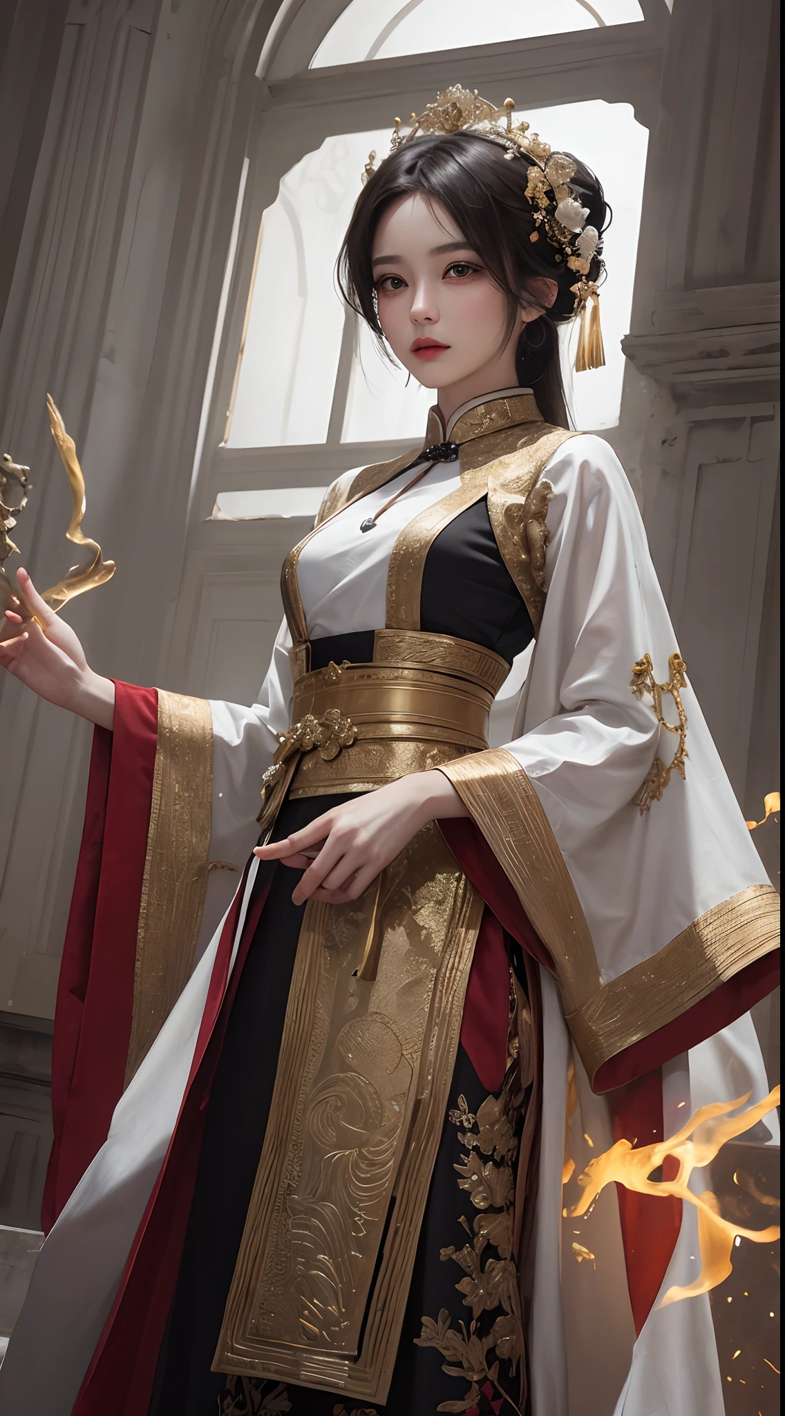 Dark majestic palace background, Red flames and black swirls, A beautiful girl stands in the center of the palace, Traditional Chinese costume jewelry, Oil painting in acrylic, Light white and light silver, gold, Fire, skylights, Smoke, Elaborate costumes, fully body photo, traditionalcostumes, eye - catching detail, Best quality.