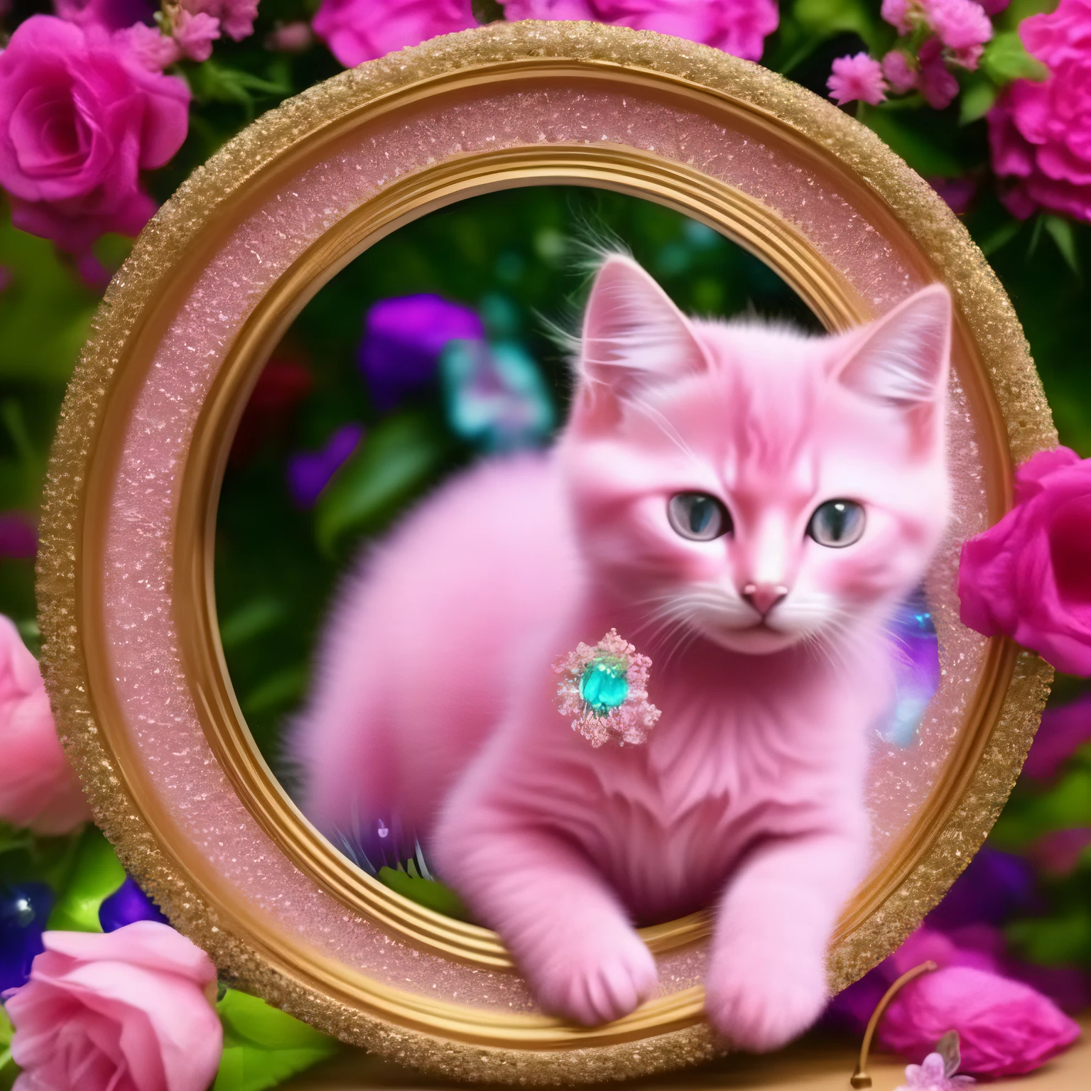 a pink kitten with jewelry and flowers in the background, round frame, Catstravaganza