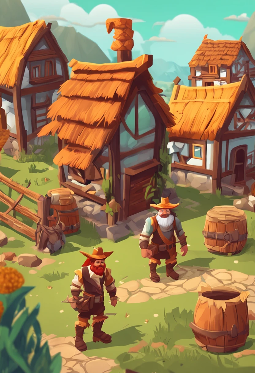 (( homem e mulher agricultores, trajes tipicos da holanda)) in the background isometric house, estilo rpg, Desenhos animados, dnd, fantasia, Mobile Game,homem primitivo,osso de animal,pedra,madeira, suspenso no ar