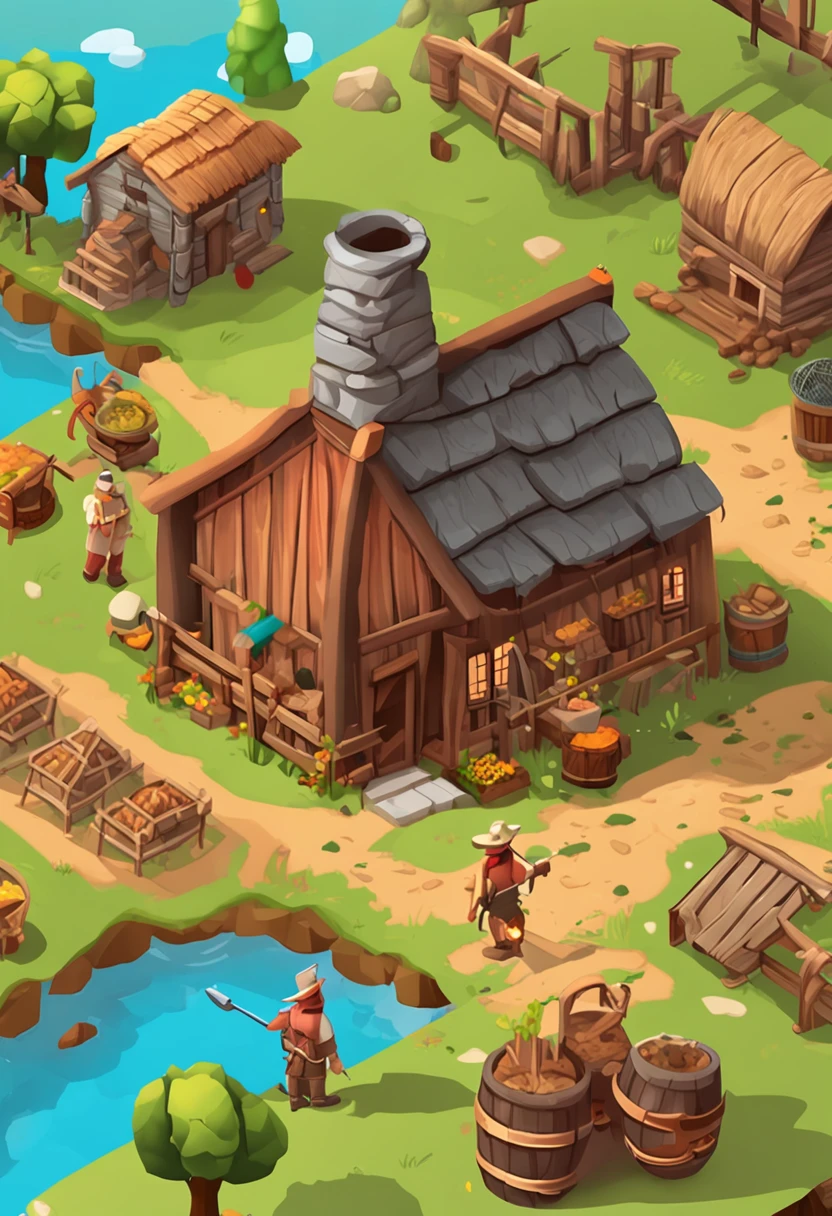 (( homem e mulher agricultores, trajes tipicos da holanda))  in the background isometric house, estilo rpg, Desenhos animados, dnd, fantasia, Mobile Game，homem primitivo，osso de animal，pedra，madeira, suspenso no ar