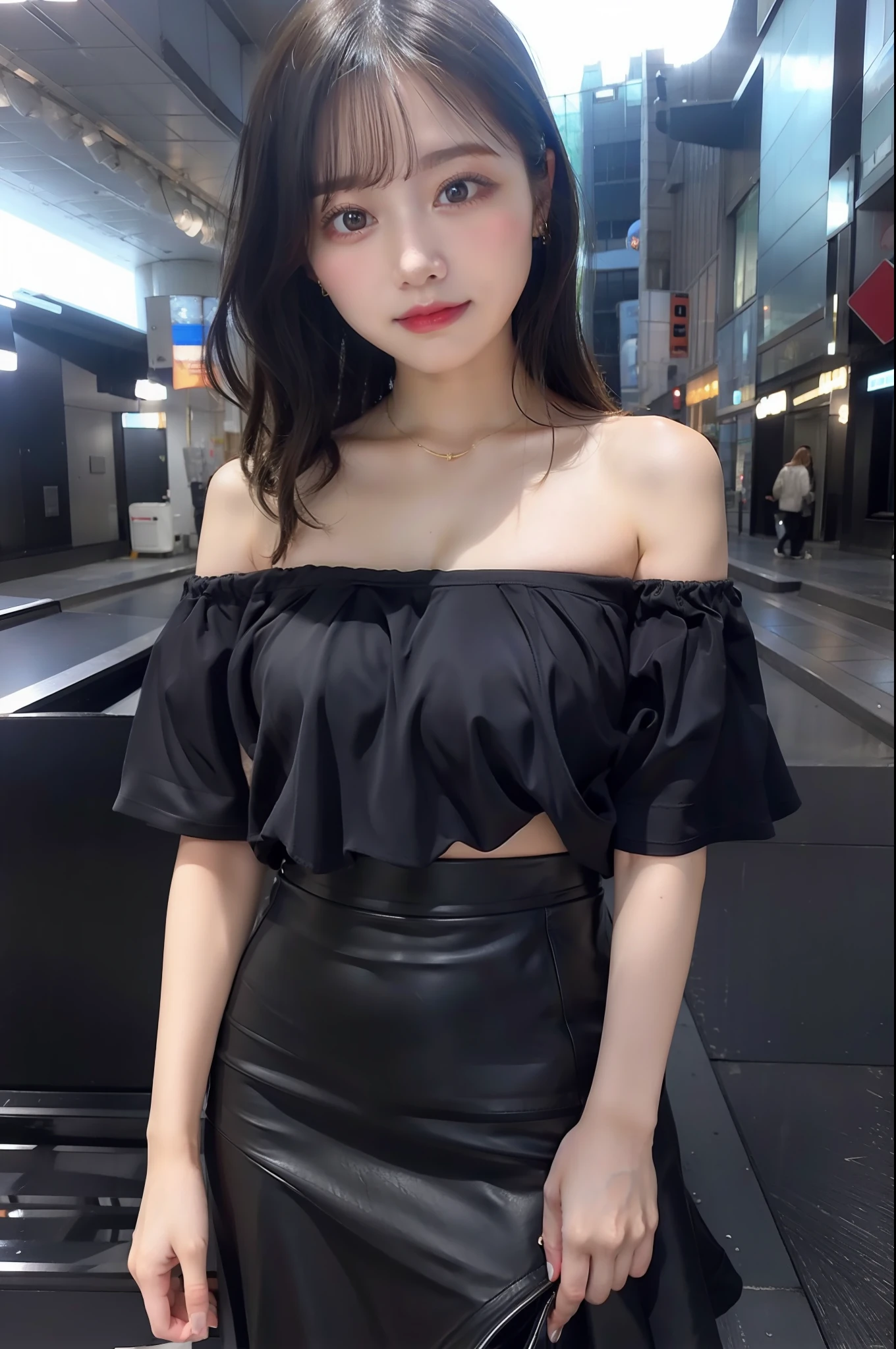 cute young woman, Short black hair, Brown eyes, empress,Pleated skirt suit,streetlights,neons,Bustling street background,(Navel:1.1,Princess Eyes), Nobility, royalty, High quality, masutepiece, Highly detailed