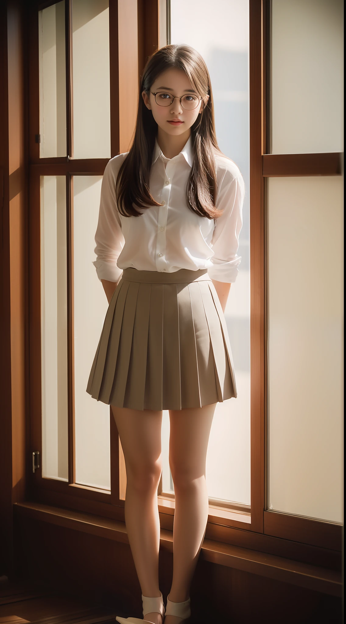 ((masterpiece, highest quality, Highest Resolution, Perfect Pixel, 4K))), One girl, single, alone, beauty, (Full Body Shot, Buckshot, Put your hands on your buttocks), ((Medium Long Hair, Brown Hair)), ((Brown eyes, Beautiful eyelashes, Realistic eyes)), ((Detailed face, Cute face, Blushing:1.2)), ((Smooth texture:0.75, Realistic texture:0.65, Realistic:1.1)), (Medium chest, Dynamic Angle, Skinny body), (( bow tie, , White blouse, See through:0.3,  skirt, pleated skirts)), In the bedroom, Looking up from below, A very embarrassing smile, Recall, (The wind flipped skirt and exposed buttocks, Touch your buttocks with both hands, Lace panties)