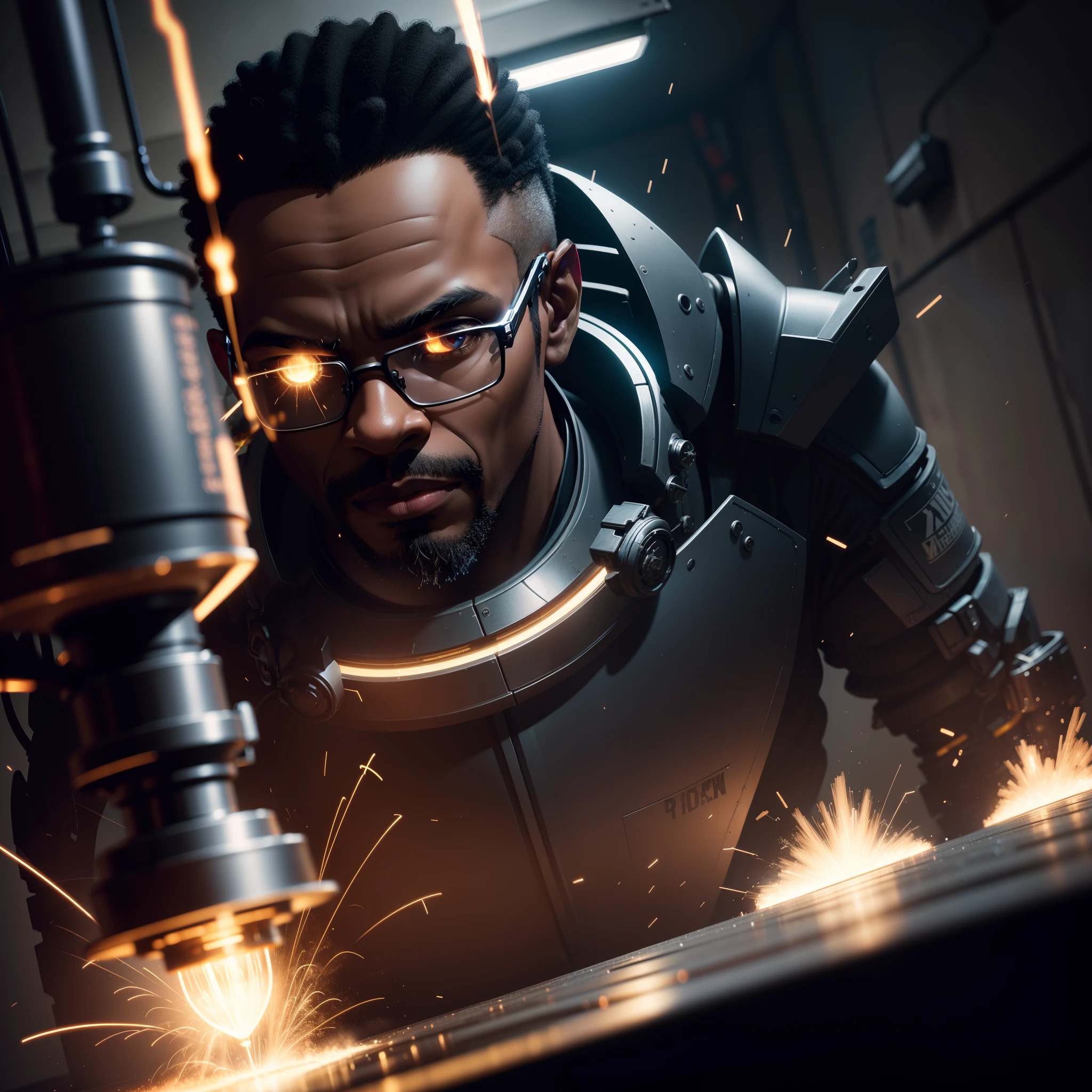 Close up shot of black man wearing dark glasses in a dark mechanicalroom, reflection in his glasses of sparks flying from his welding machine working on the black robot, dark room lit by a table lamp, with iridescent light, highly detailed images, vibrant beautiful colours, photorealistic image, 8k, ultra HD, unreal engine rendered, cinematic lighting, artgerm style,