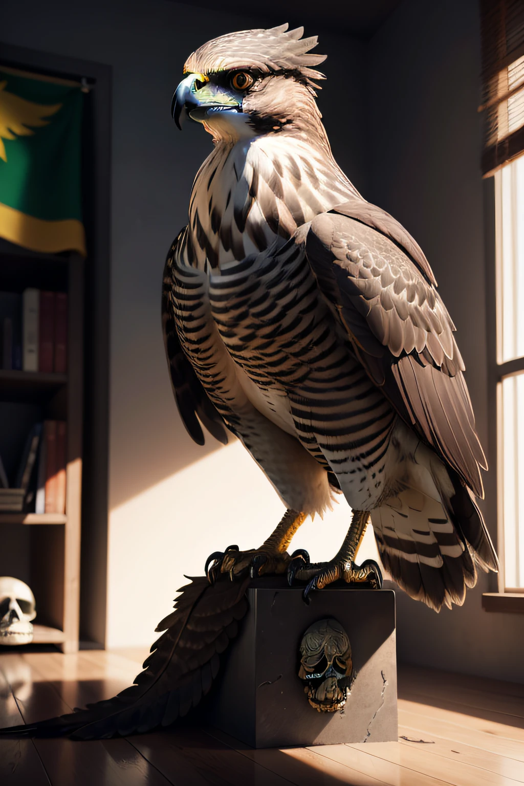 Draw a realistic hawk, its feathers glowing silver. It is perched with its wings closed on top of a human skull, conveying power and dominance. The setting is a dark room, where there are two crossed rifles on the floor and, in the background, on the wall, the Brazilian flag is proudly displayed. Ambient light highlights the falcon, enhancing its commanding and mysterious presence.