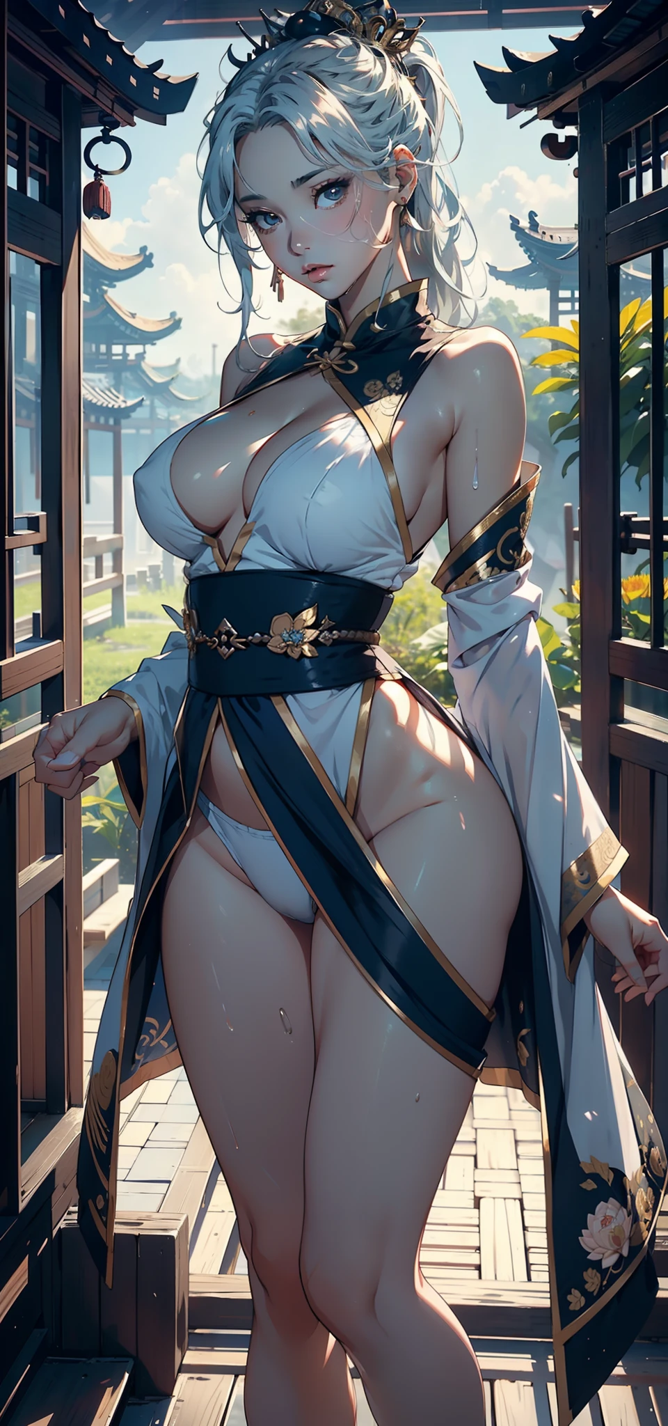 1female，35yo，熟妇，long leges，Big breasts Thin waist，Slim，huge-breasted ，Pornographic exposure， 独奏，（Background with：bamboo forrest，lotuses，lotus flower，exteriors，Lotus pond） She has short silver-white hair，standing on your feet，Sweat profusely，drenched all over the body，seen from the front， hair straight， mostly cloudy sky，（（（tmasterpiece），（Very detailed CG unity 8K wallpaper），best qualtiy，cinmatic lighting，detailed back ground，beatiful detailed eyes，Bright pupils，Black eyes，（Very fine and beautiful），（Beautiful and detailed eye description），ultra - detailed，tmasterpiece，）），facing at camera，A high resolution，ultra - detailed），revealing breasts，Bare genitalia，  Bulge，legs are open，Raised sexy，Camel toes，Flushed complexion，Open-mouthed，frontage，silver ornaments，crown（Wearing：Chinese Ancient Times，HmongCostume，Blue ultra-short pleated skirt，nakeness，Leakage out of the breast，canvas shoe）Full body photo，Show shoes