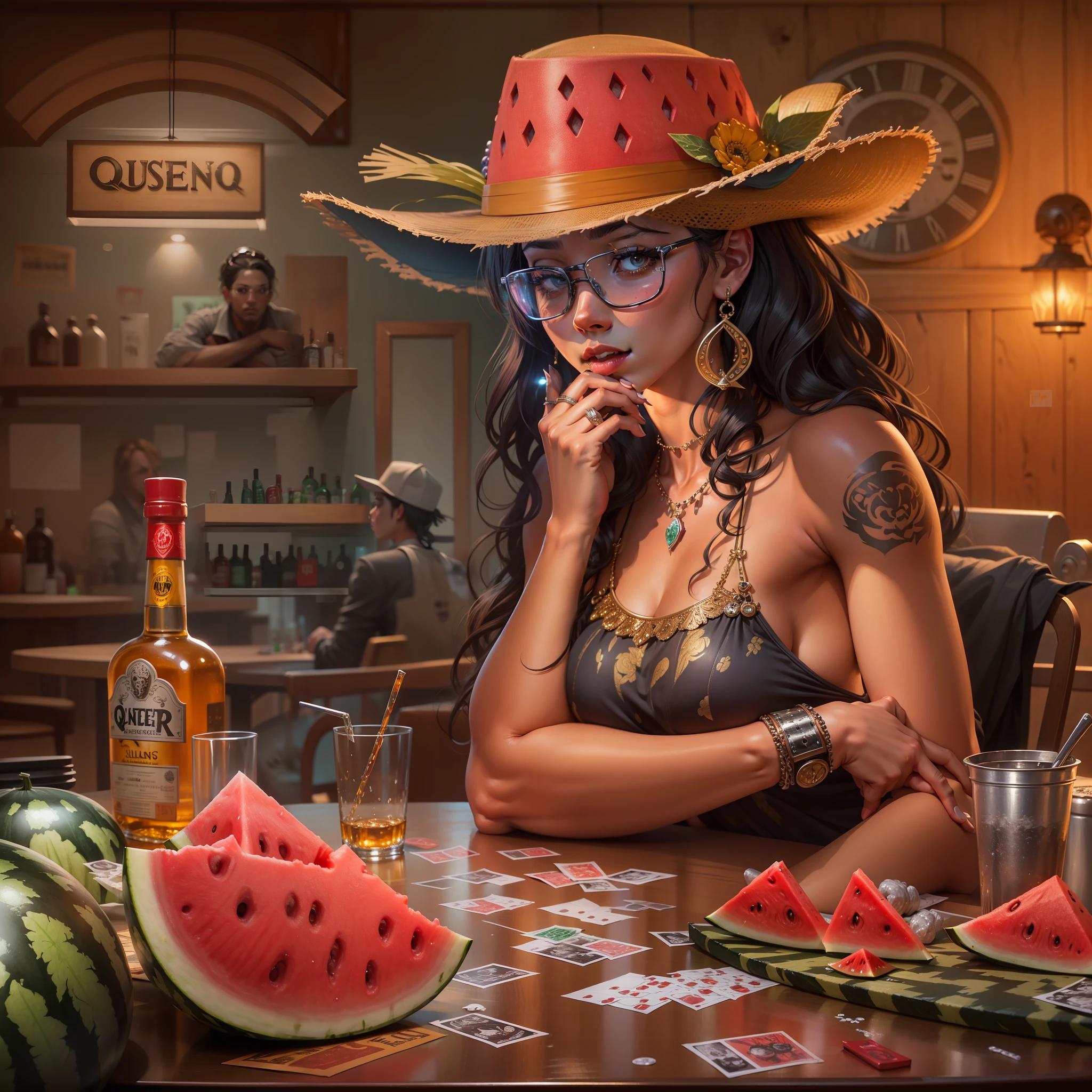 (Gangster Queen watermelon), (watermelon Ganster), sits at a table with a gun, view the viewer, playing poker, water melon girl playing poker drinking tequila, botle of tequilla on the table, Tequilla on the table Thinking, Confident demeanor, Masterpiece, Top quality, Best quality, High quality, Ultra-detailed, fire in the background, Vibrant colors, Solo, Extremely detailed