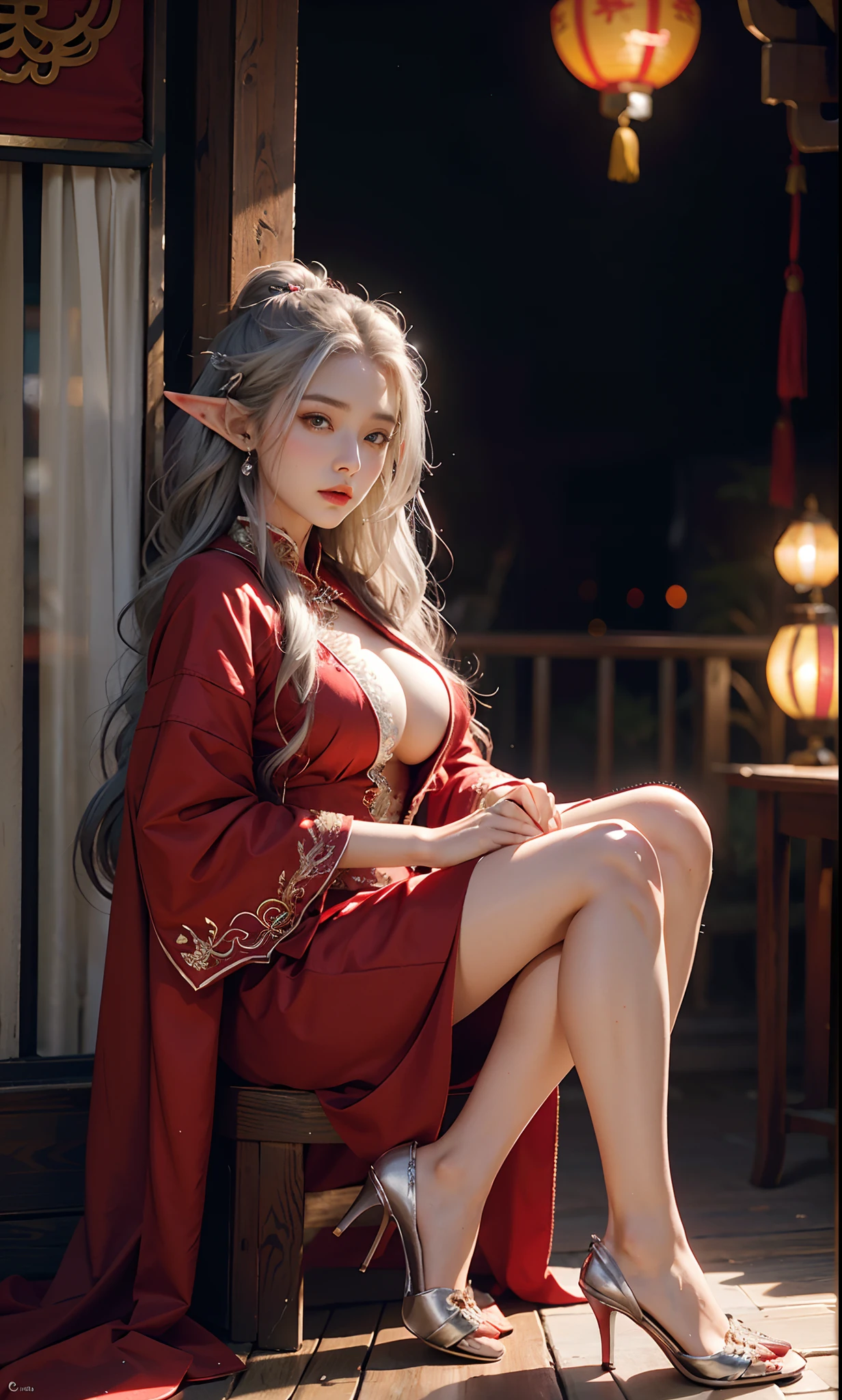 (Redcoat:1 silver-haired girl, Normal posture), tmasterpiece, best qualtiy, RAW photogr, realisticlying, the face, Incredibly Ridiculous res, Beautiful elf beauty, ear studs,Get wet all over, (Long silver hair), (Red wedding dress+),Chinese silk long dress,(Red cloth shoes+),depth of fields, A high resolution, ultra - detailed, filigree, RAWE is very detailed, very detailed eyes and faces, Sharp pupils, realistic pupil, tack sharp focus, cinmatic lighting,full bodyesbian,Bigboobs,long leges,From the front side,ancient Chinese town,Lanterns,Tanabata,Lights of all homes,A faint red glow,dynamicposes