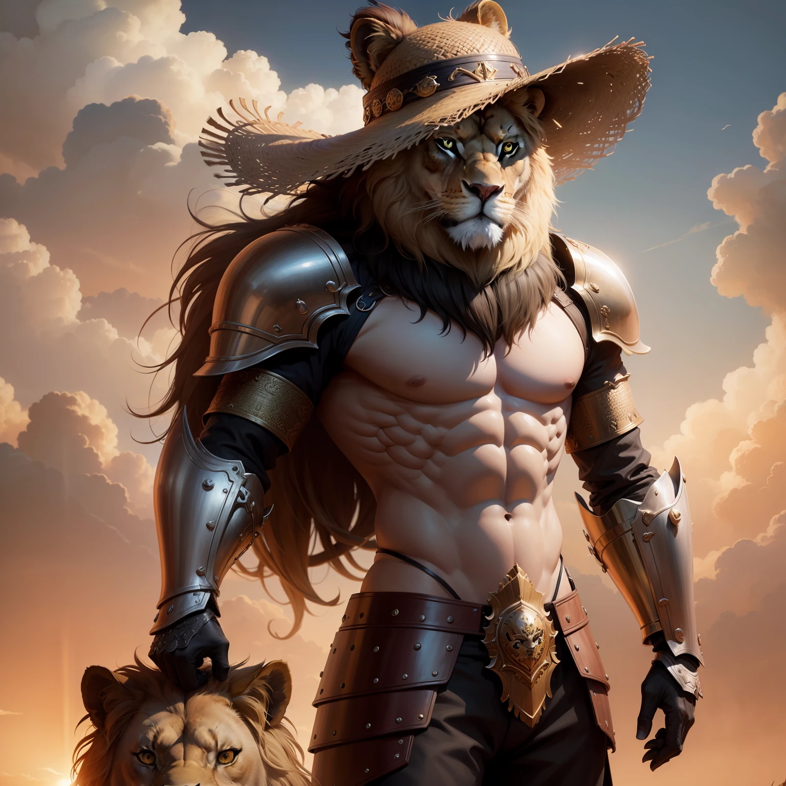 A Lion with a straw hat with armor and a human's body