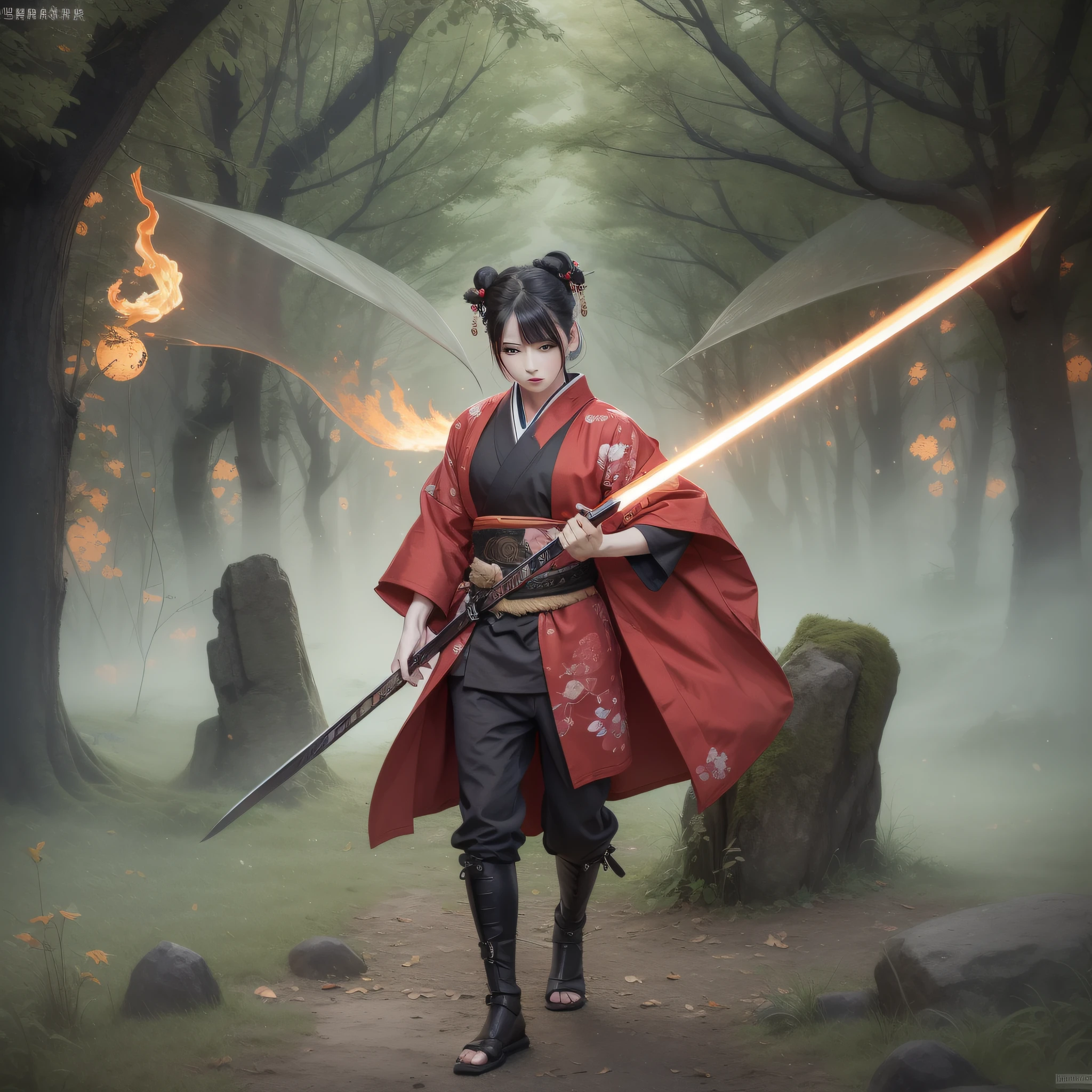 ((4K、masterpiece、top-quality))、shuimobysim、Traditional Chinese Ink Painting、Samurai wielding a sword、ember、Chommage、Full body like、kimono