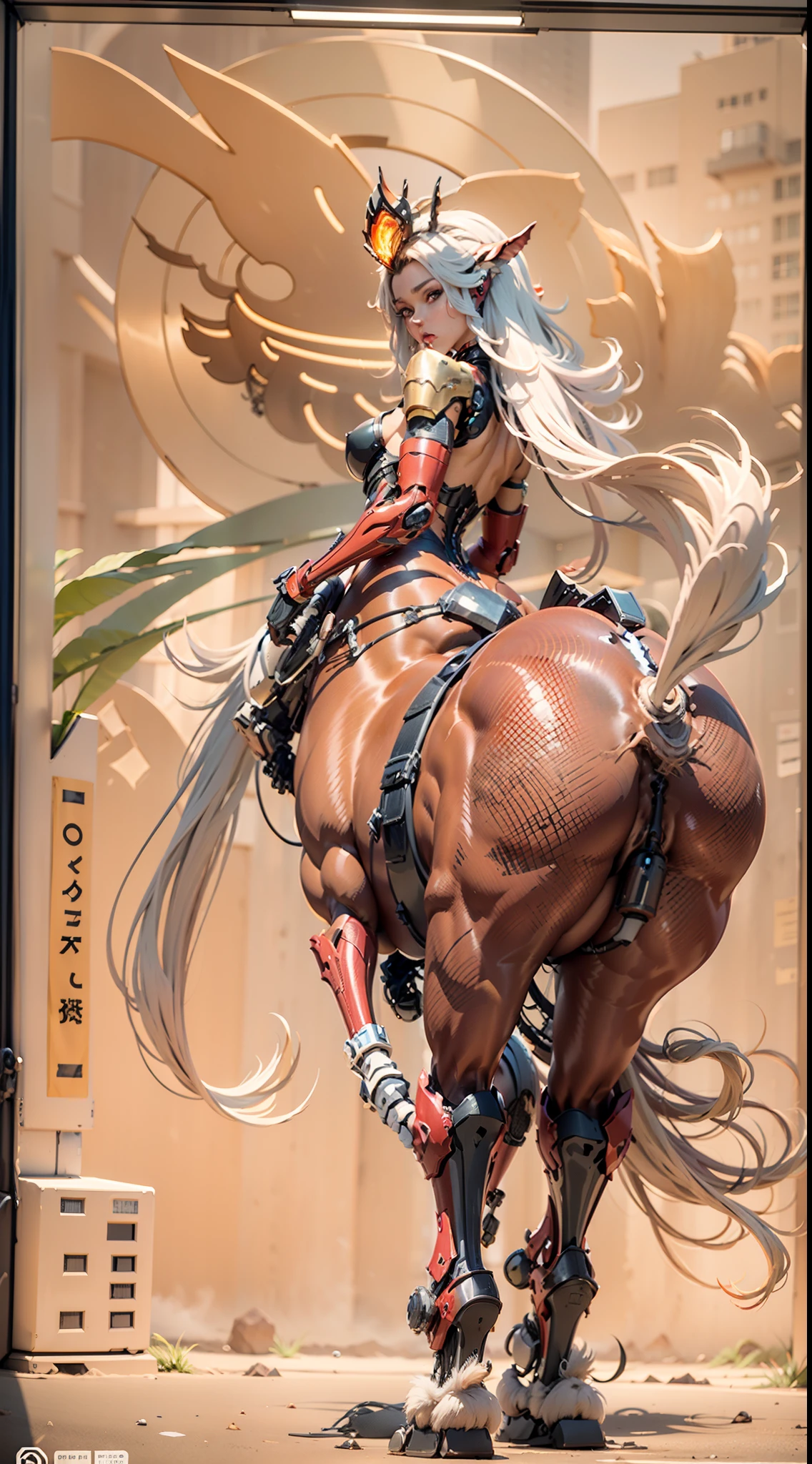 （A female centaur：1.5），She is both（Female: Centaur, half human, half horse, half horse, half horse：1.5），It is also a female Yingzhao。She blends both images，The first is：（（The head of the horse/neck/Shoulder these parts，Replaced with a beautiful female human upper body）：9.9），'s（Female, half-centaur, half-human, half-horse, half-human：1.5），The second is：（（The head of the horse/neck/lower back/hason/gluteal/Shijo Thigh Female Embodiment）：9.9），'s（Seamless chimera of a female half-horse with a beauty：9.9），（It's like a chimera of a female human and a half-horse costume：9.9），This chimerism is based on a strong future（Technologie：1.5）above。The ultra-wide-angle lens captures the image of her beautiful and ethereal wings on the ionosphere launching a super-high-speed charge and leaping。Her front half is distinctly feminine，Tall sexy body，possessed（K cup giant coconut tit chest：9.9），Has（Narrowed small brute waist 5.5）、Butterfly cross、（Long legs：9.9），The embedded interface of the bent female metamorphosis part of the back half of the body is at the hip position of the front half of the body。（The horse-shaped, half-horse torso form of her back body is completely female humanization9.9）。Translucent fluid flowing from the（Narrowed sternum 5.5）The upper end begins to embed the chest cavity of a woman in the shape of a bent dog style at the back of the beautiful woman's body/lower back/Ventral transverse。Then there are the sexy beauty's upright hips，（Her entire body has been completely female and replaced by a female body：9.9），Including the half-horse part。Mechanized armor covers the legs with knee-shaped anti-joints and feet，And these parts are highly anthropomorphic，This makes her legs graceful and slender，Her four horse legs exploded in length proportions and was slender and toned，Under the legs are skinny white feet dressed in Skyscraper Heels，Use Midjourney's advanced stroke tools and color palettes, as well as texture packs, model packs, and texture tools，Concentration，Include