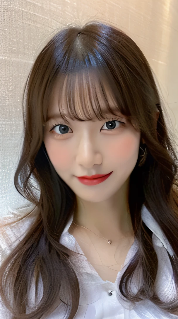 smiling, high-level image quality、20 year old Korean girl photo, raw, Beautiful woman, (Extra-long wavy blonde hair), ((Portrait)), ((Detailed face:1.2)), ((A detailed face Characterized by fine skin), pale skin, , (cold color), moist, moist, reflector stay piece) (perfectly proportions)(photos realistic)(Best Quality) photographed in a Canon EOS R5, 50mm Lens,(8K), Focus on the face、facial close-up、The upper part of the body、very long upper eyelashes、Very long lower eyelashes、Detailed lashes、Curled eyelashes、eyelash perm、Beautiful lashes, Glamorous makeup、Natural eyes、Oku Duplex、very beautiful eyelashes