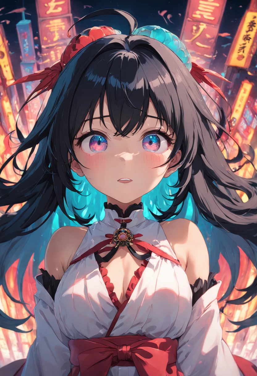 black hair, hair bobbles, wince, longeyelashes, solid circle eyes, light smile, Surrealism, drop shadow, anaglyph, stereogram, tachi-e, pov, atmospheric perspective, rococo style, 8k, ccurate, best quality, best quality, best quality, best quality