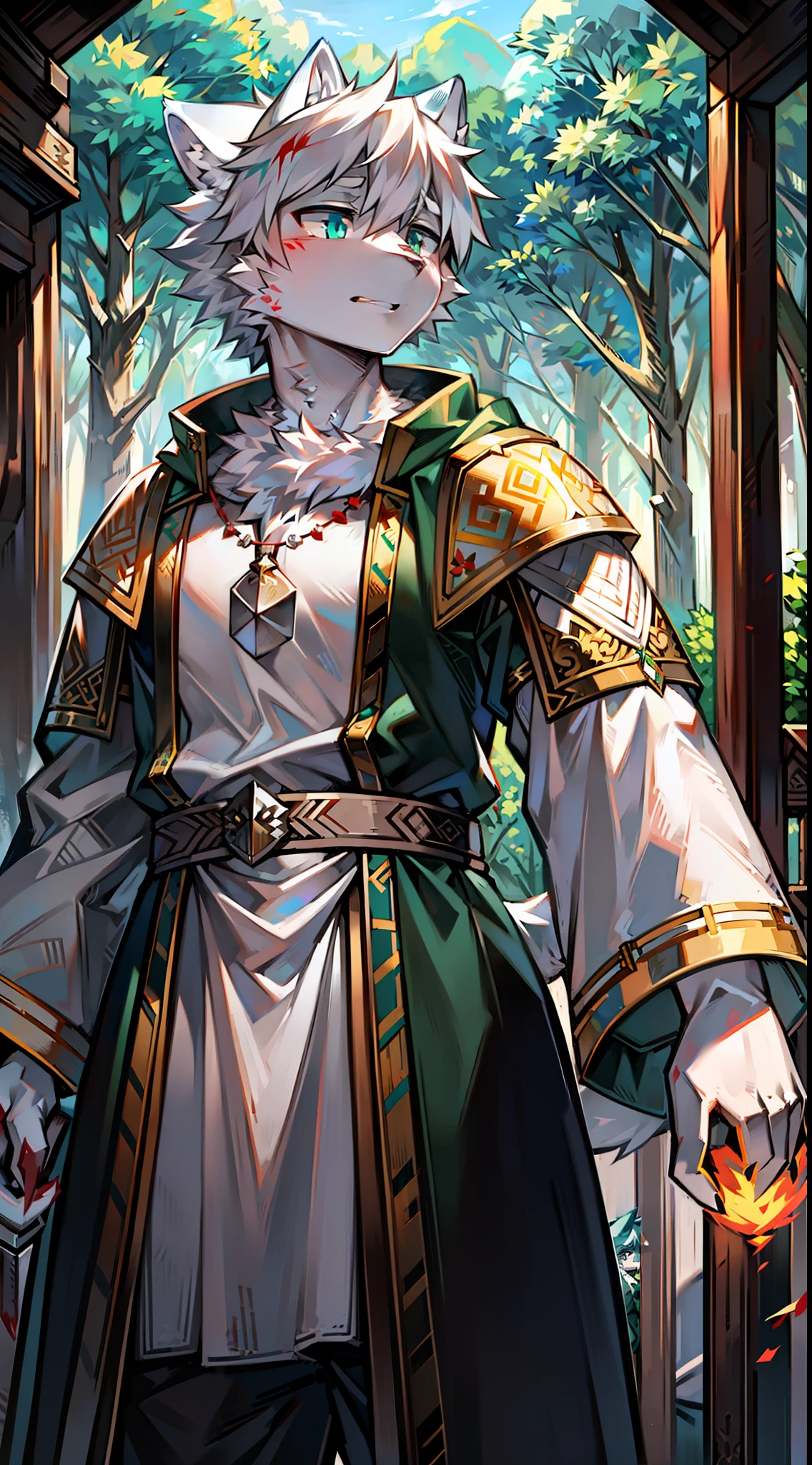 Furry,独奏,White skin and white hair,Arctic wolf,The pupils are emerald green,There is blood,Dressed all over in silver-reflecting medieval armor,A silver sword hangs from his waist,A lock was hung around his neck,One hand behind your back。Behind him are scenes of war,In the forest,There was smoke and fire behind him。