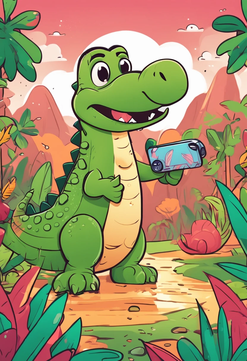 A cute alligator named Junior lives happily in the woods, feliz, estilo cartoon, estilo logo, estilo desenho animado, resulução4k,recursos faciais alteamente detalhados