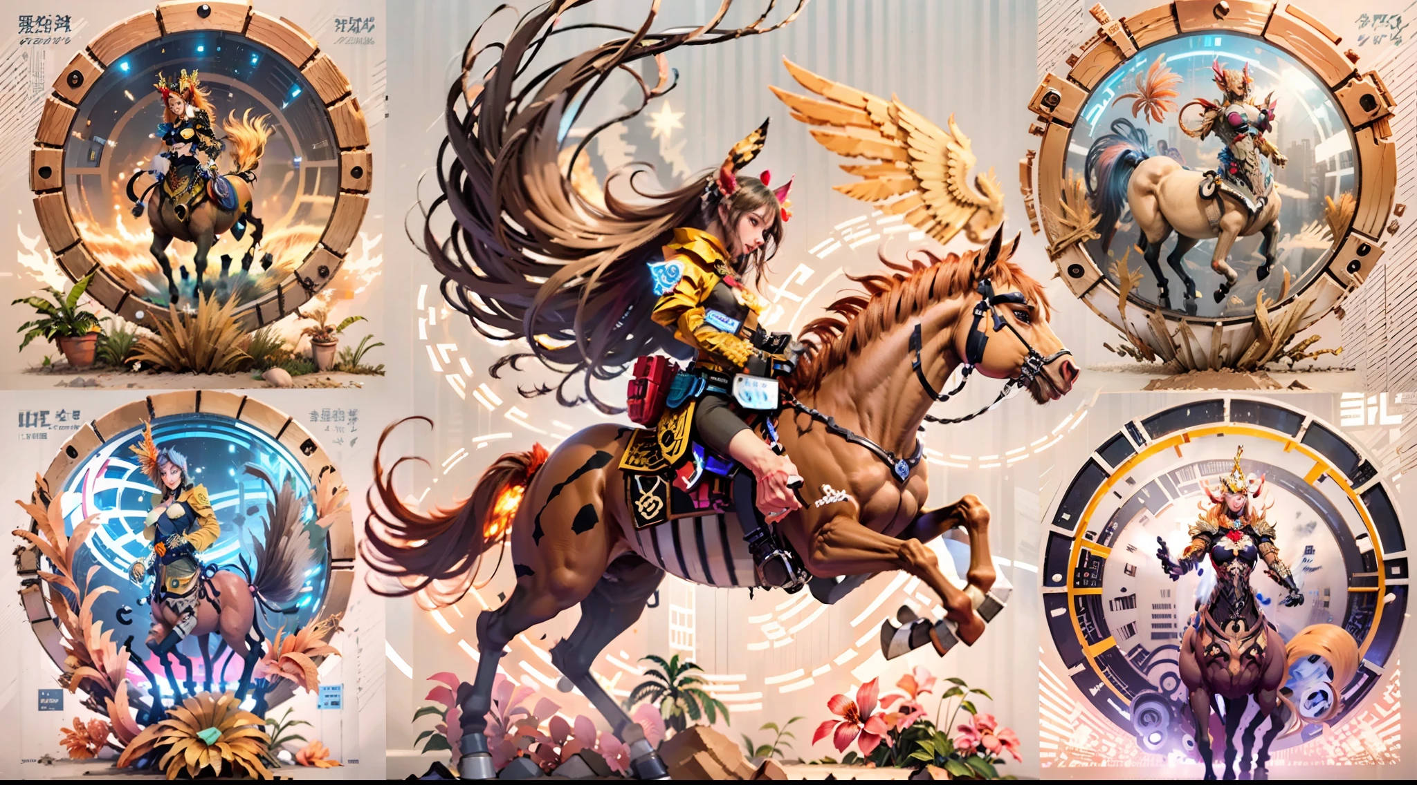 In the beautiful illustration of this super-grand scene,The ultra-long-range lens is shown(Over eight unique centaur characters:9.9),They all have their own characteristics,Vivid and interesting。Radiant angelic centaurs from the heavenly realm,To the hellish centaurs surrounded by nightmarish flames,And then to the Wind Fairy Centaur dancing in the air,There are also one-horned centaurs surrounded by thunder and lightning,and mechanical centaurs that shine with metallic light,And then to the powerful dragon centaur with colored dragon scales covering the whole body,The elegant and agile elf centaur always wears a flower crown with its slender graceful lines,Enchanting and charming Tiflin centaurs。Each character has their own unique charms and abilities。The illustration uses advanced artistic techniques and tools,(Divide the scene into sections by geometric arrangement:9.9),Each section corresponds to a centaur character,This makes more efficient use of space。Through Midjourney's advanced brush tools、Color palette、Material packs and model packs,For each centaur, beautiful props are designed to increase racial characteristics、Clothing and physical features,Enhances the character's personality and visual appeal。The scenery in the illustrations is stunning,There are changing skies、rainbowing、extreme light、Stars and Moon。Incorporating iconic landmarks such as Mount Everest,and fireworks、tranquil lake、Natural and urban elements of waves and neon lights,Creates a magical atmosphere。The centaurs display their unique abilities and equipment in a variety of environments,This is true even in extreme alien landscapes。(Use Midjourney's tools、Material packs、Texture tools、The color palette makes depicting details vivid and realistic:9.9),From complex hairstyles and as well as different racial traits、Body、Appearance features、Clothing to real textures,This greatly enhances the realism of the characters and surroundings。The fusion of multiple art styles adds movement to the centaur's