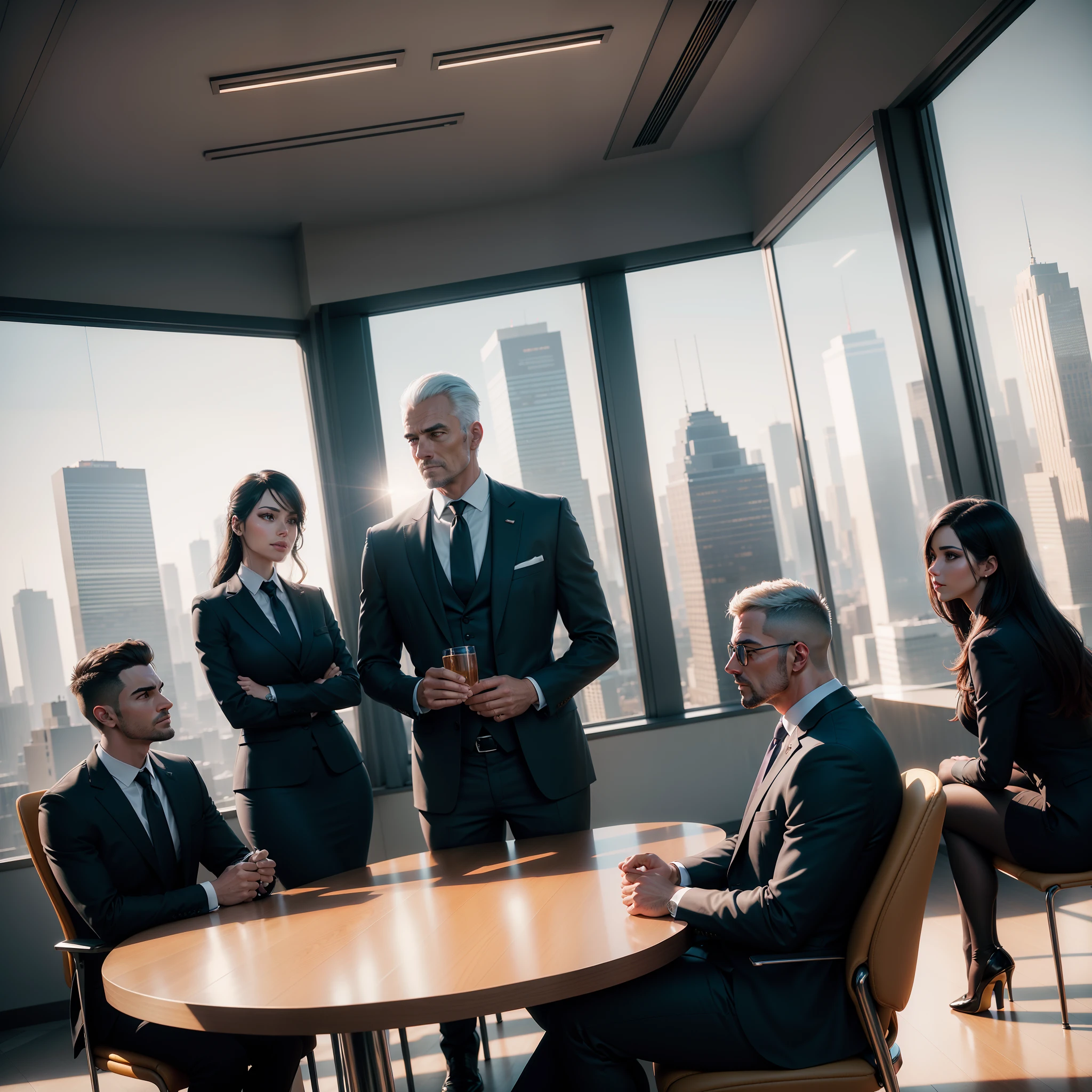 People in suits sitting in a conference room discussing, afternoon sunlight shining through the windows of a tall building overlooking the city, with iridescent light, highly detailed images, vibrant beautiful colours, photorealistic image, 8k, ultra HD, unreal engine rendered, cinematic lighting, artgerm style,