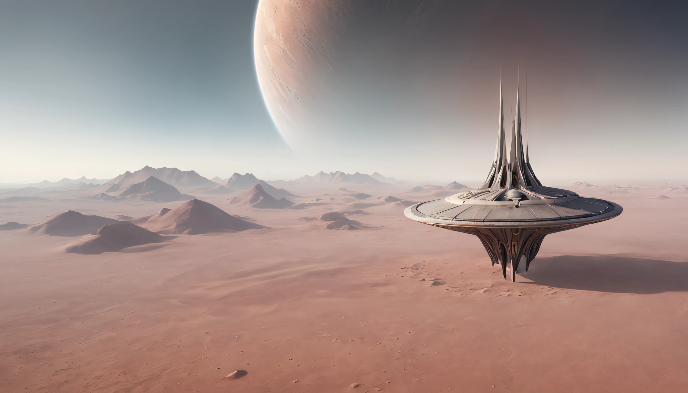This picture shows a spaceship, which flies over the surface of an unknown planet. Strange formations are visible around the planet, resembling trees and animals. The sky is painted in unusual colors, And in the distance you can see mountains of unusual shape.