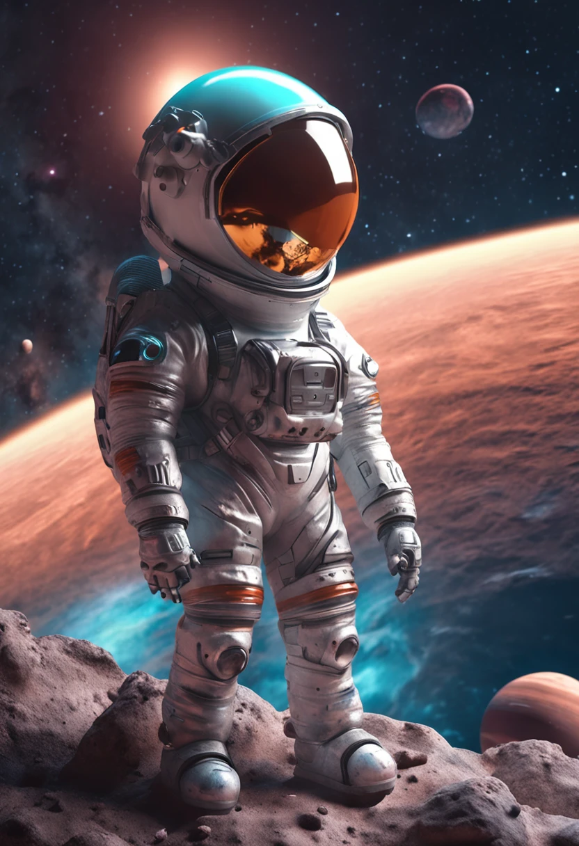 a mini astronaut in chibi model, wearing a space suit, in the style of photorealistic surrealism, abstract colorist sculptor, poured, fluid and loose, sci-fi influenced, sculpted Cartoon icon art, 3D pixar style drawing, a planet in space, isolated, exploring the moon in the background many planets and stars, cinematic light, photorealistic scenes, anime art, epic,  RTX ON, DAZ3D, Digital Arts Techniques, Animated Illustrations