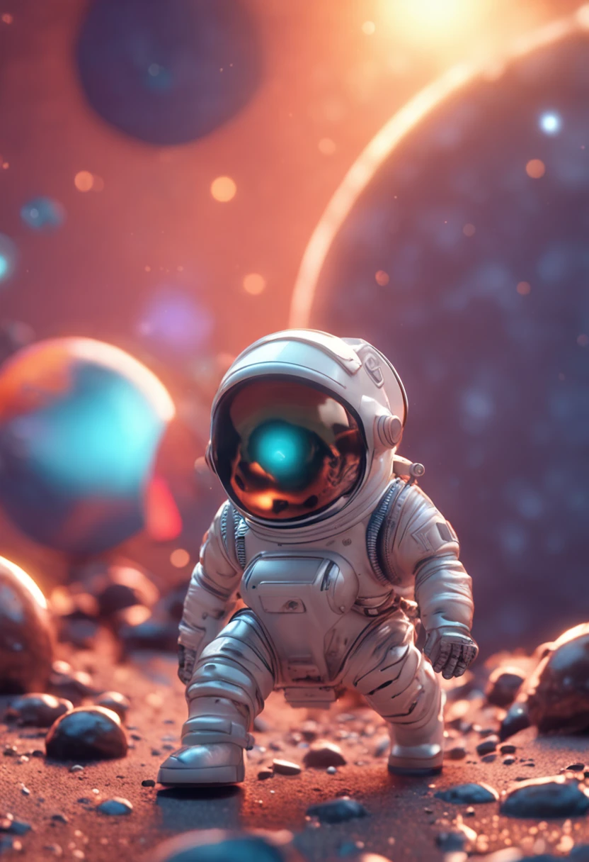 a mini astronaut in chibi model, wearing a space suit, in the style of photorealistic surrealism, abstract colorist sculptor, poured, fluid and loose, sci-fi influenced, sculpted Cartoon icon art, 3D pixar style drawing, a planet in space, isolated, exploring the moon in the background many planets and stars, cinematic light, photorealistic scenes, anime art, epic,  RTX ON, DAZ3D, Digital Arts Techniques, Animated Illustrations