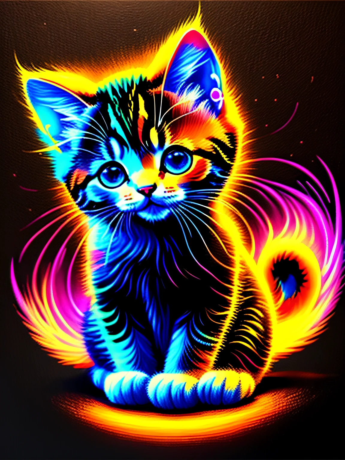 a painting of a colorful kitten on a black background,, breathtaking rendering, within a radiant connection, inspired by Kinuko Y. Craft,, magical elements, kitten icon, wow, is beautiful, casting a multi colorful spell, bright flash, flash