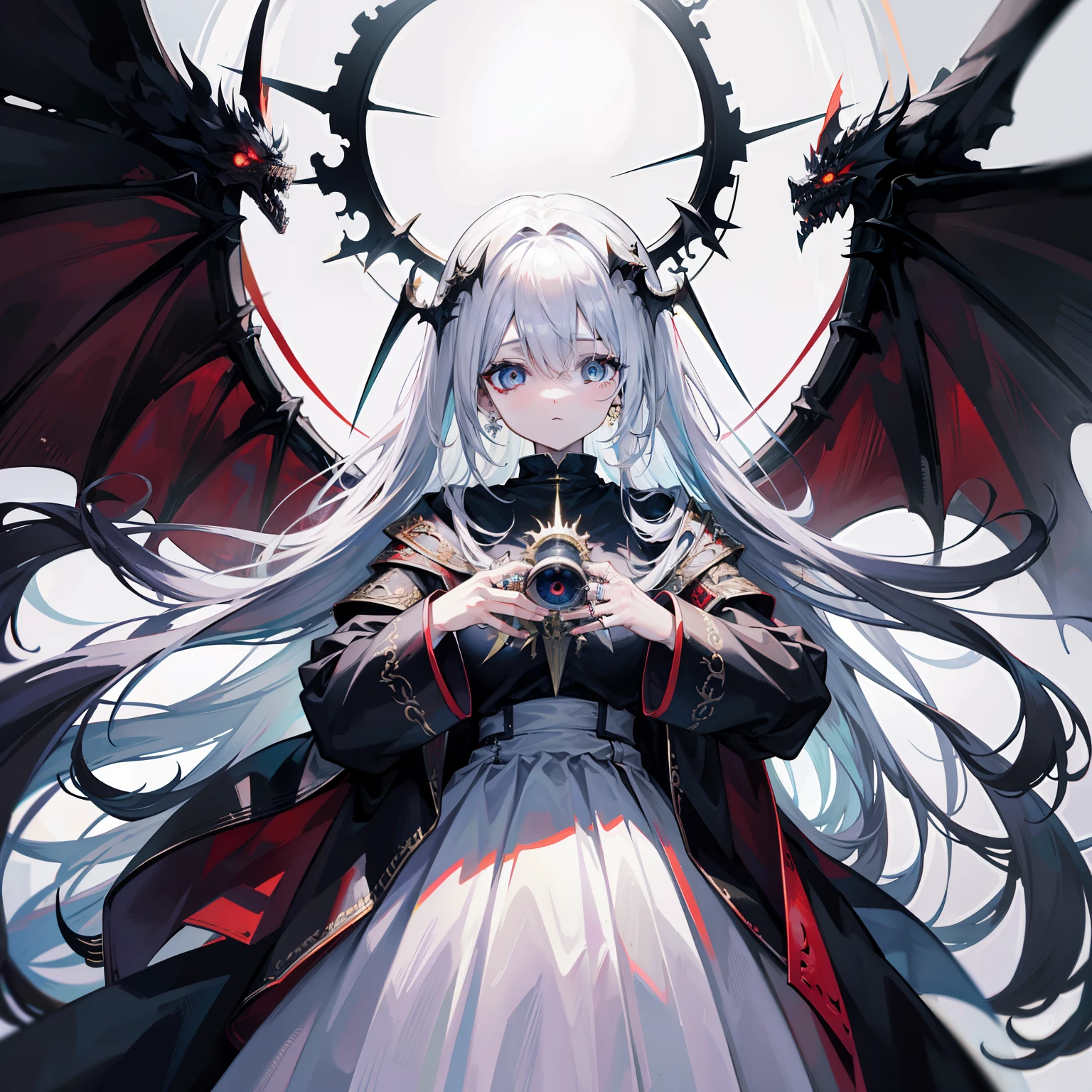 Looks holy looking monster angel,His entire body consists of a huge one-eyed eye,and metal rings around one-eyed eyes,The ring is crawling with eyeballs,Dragons have many wings on the white holy angel