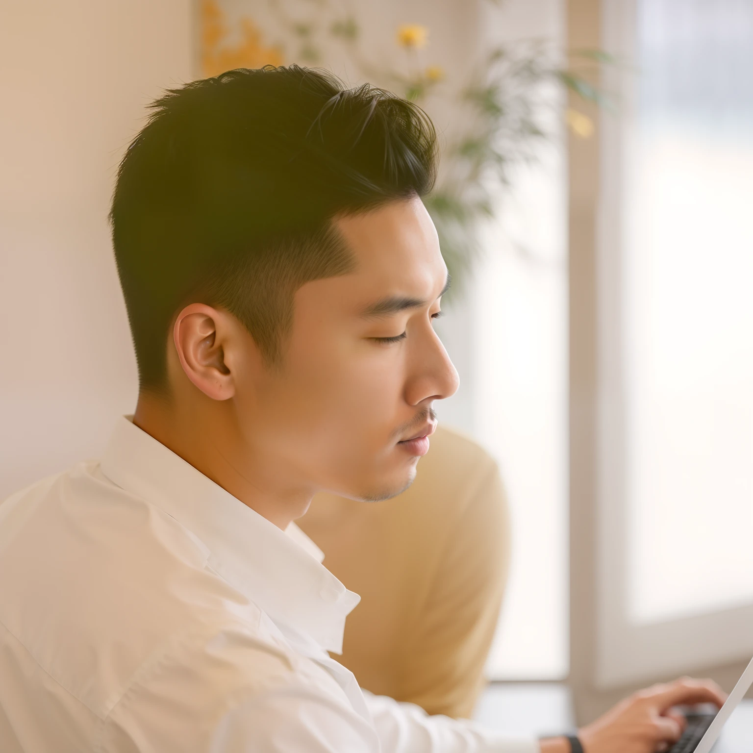 there is a man that is sitting down using a laptop, damien tran, ryan jia, profile portrait, in profile, side profile portrait, justin sun, andrew thomas huang, inspired by Ding Yunpeng, cover photo portrait of du juan, christopher cao, david luong, reddit post, handsome chad chin, looking to his left, darren quach, korean artist