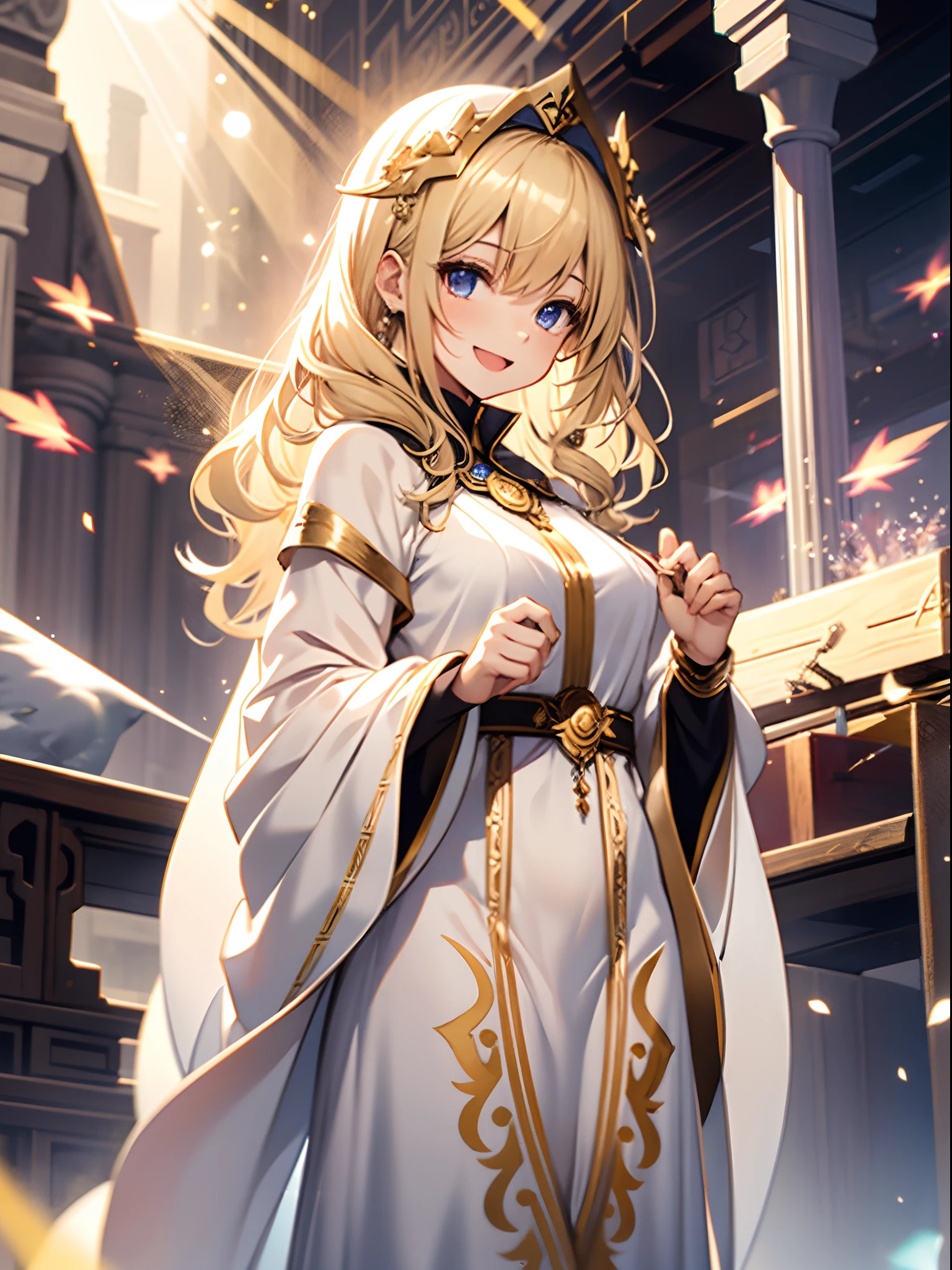 1 girl, priestess, white long dress, gold accessory, smile, blonde hair, opened eyes, opened mouth, standing, bloom, particle, god ray, glow effect