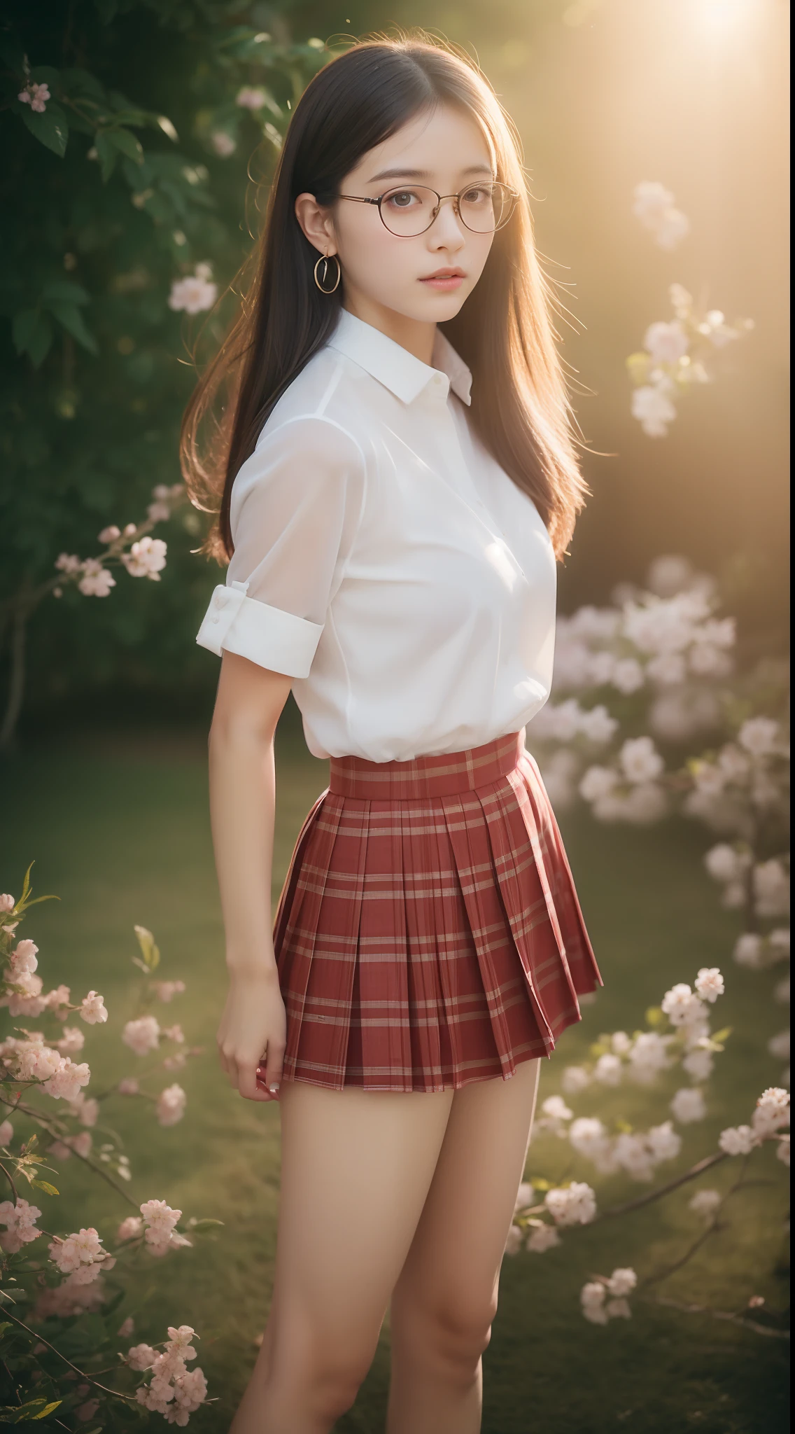 Beautiful young Margaret Qualley, , white skin tone, eyeglasses, large drop earrings, female school uniform, pleated skirt, high heels, midday sun, hyperrealistic, model body, small breasts, beautiful breasts, long hair, Hair straight hair, red tips, long legs, 8k, 超High resolution, best quality, on the frozen mountain, RAW portrait, photorealistic, cherry blossom, ambient lighting, detailed shadows, camera focus on thighs, sexy pose , a large amount of cloudy liquid oozes from the genitals, strong wind, mild fog