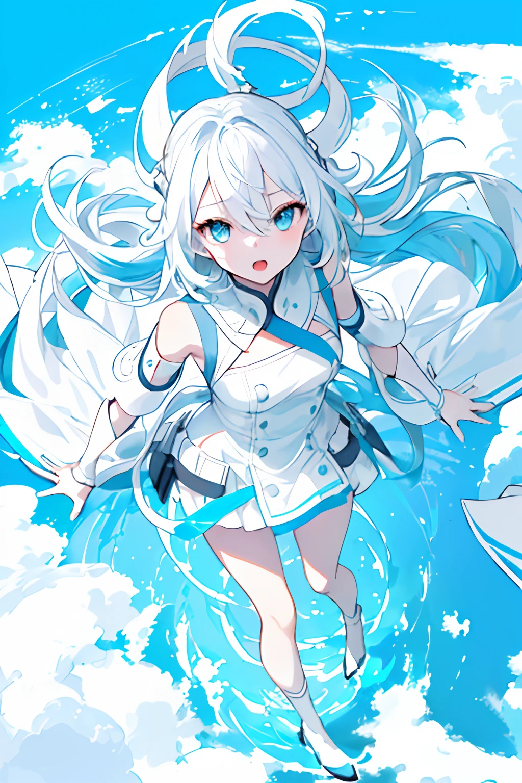 tmasterpiece,Need,illustration,blue color eyes,long white hair,Blue swimsuit,Swim at the bottom of the sea,Delicate facial depiction and eyes,Flying blue butterflies,