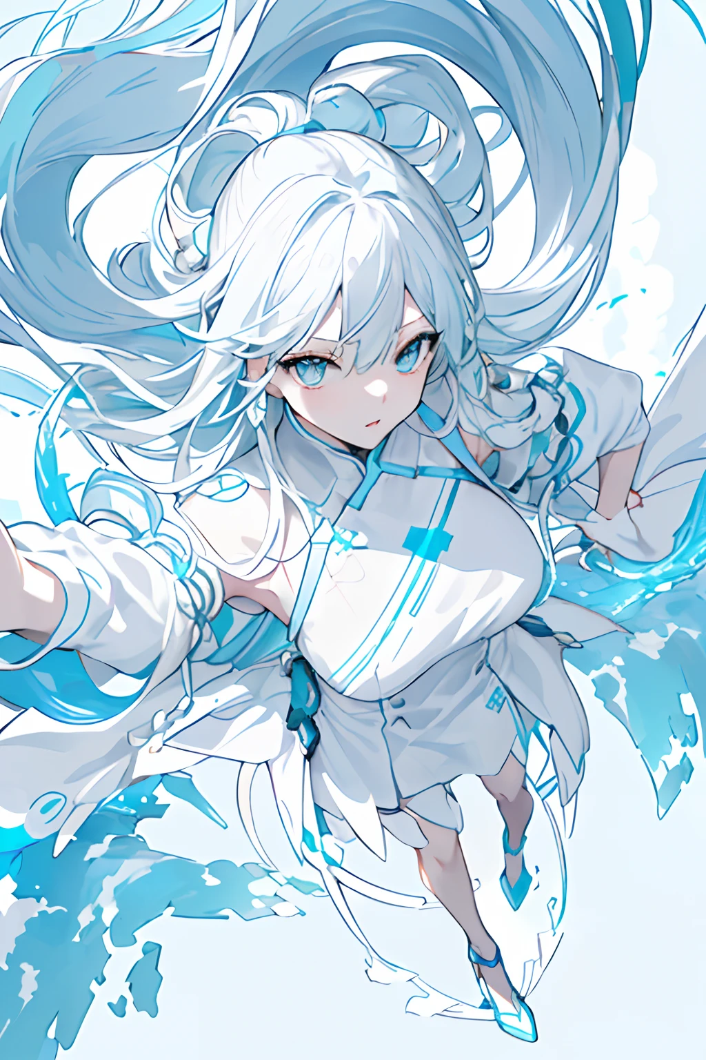​masterpiece,(top-quality),(1girl in) ,独奏,(highly contrast:1.2),(a high chroma:1.2), (Put your hands in your pockets)),((Black and white dress)),Look at viewers,((White and light blue theme:1.3)),((White and light blue background:1.5)),white  hair,blue eyess,((walk:1.3)),full body Esbian,Black footwear,((Light blue water, White clouds and sun in the sky)),((From  above:1.2)),
 Fashionable, femele, with a vibrant, outfits, the pose, the front, Colorful, Dynamic, Background with, element, I'm confident, expresive, ngel, statement, accessorized, An majestic, coiled, surroundings, Touch, The scene,  covers, It's bold, captures the attention, Titles, Stylish, Catchy,  The large, Impressive, moderno, Trendy, Focus, lo fashion,