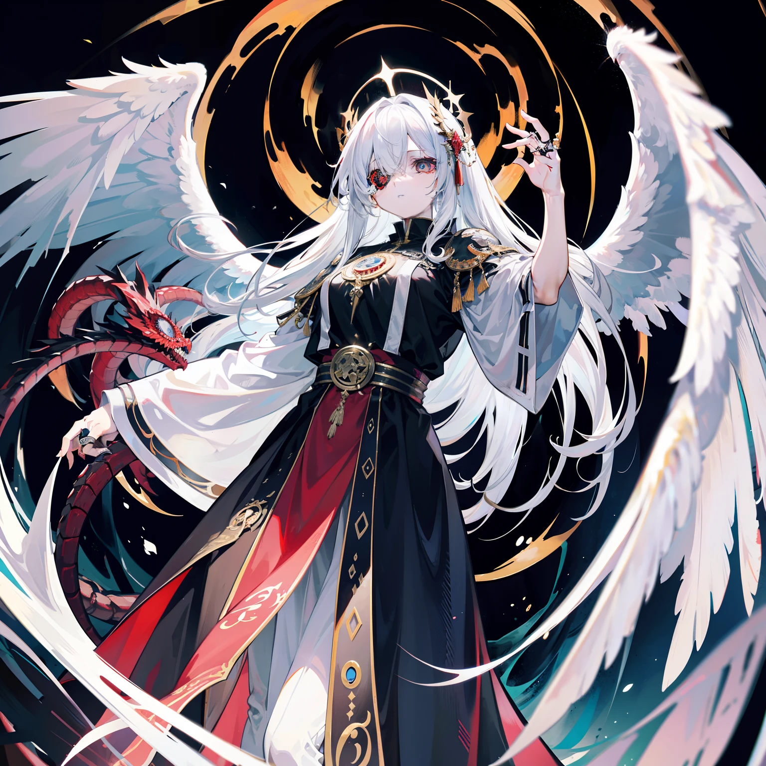 Looks holy looking monster angel,His entire body consists of a huge one-eyed eye,and metal rings around one-eyed eyes,The ring is crawling with eyeballs,Dragons have many wings on the white holy angel