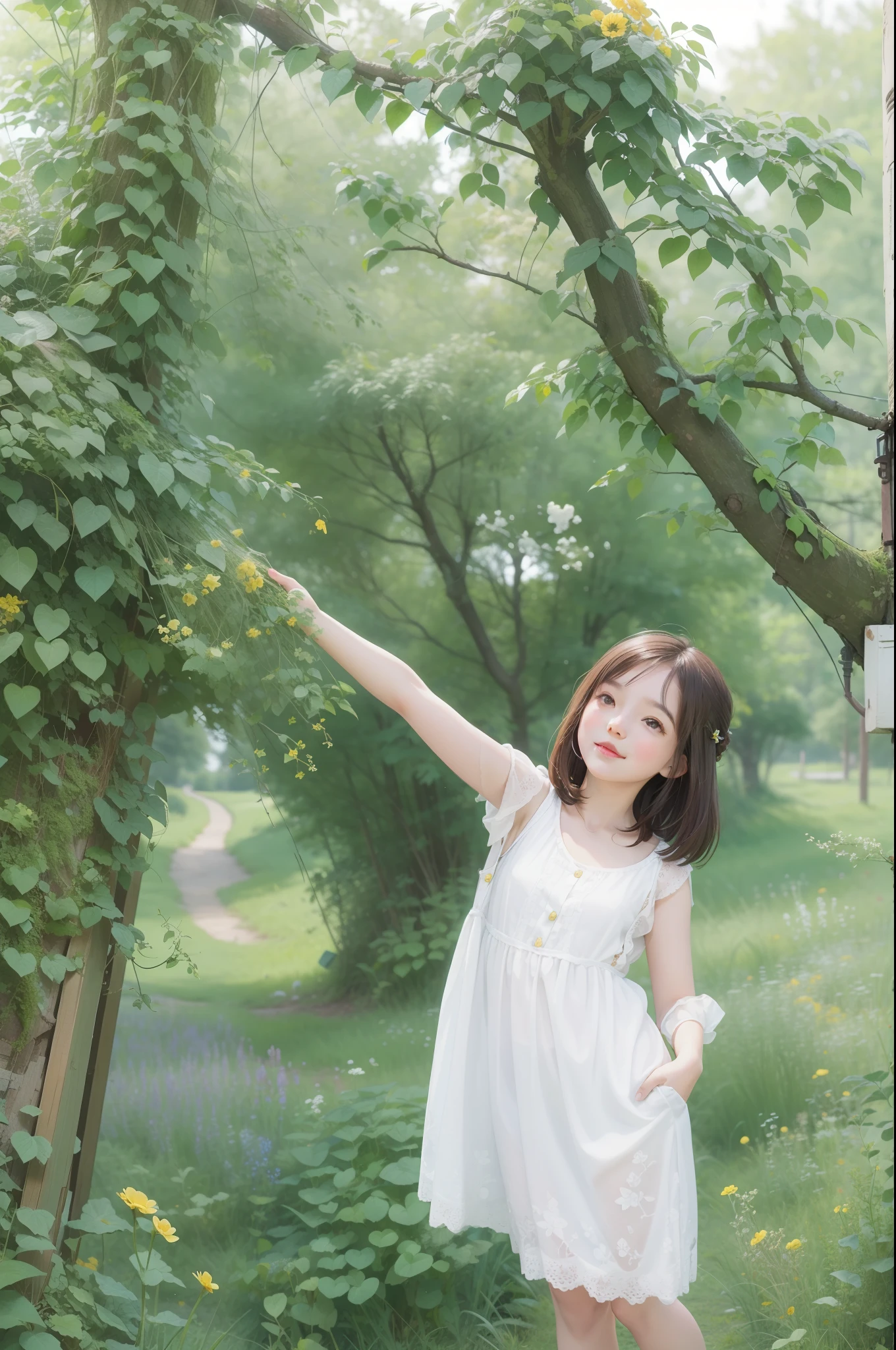 A charming little girl，Brunette and her cute puppy，Enjoy a lovely spring outing surrounded by beautiful yellow flowers and nature。Country lanes，Fenced cottage，The illustration is a high-definition illustration in 4K resolution，With very detailed facial features and cartoon-style visuals。