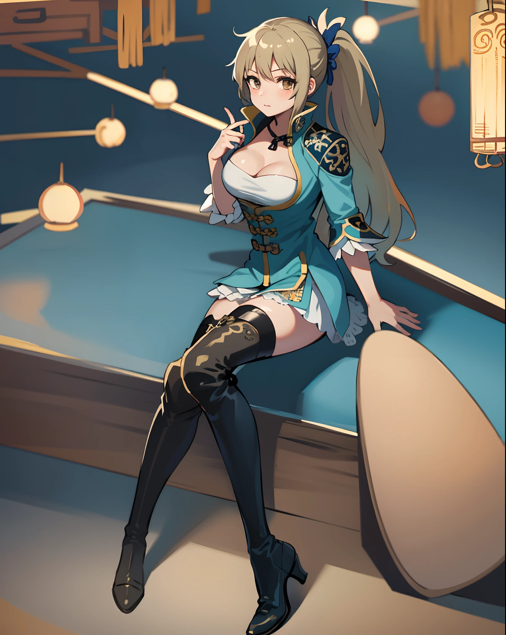 best quality, (masterpiece:1.2), illustration, absurdres,
(1girl, solo), (beautiful detailed girl), (cute:0.4),
Wang Yuanji, blonde hair, ponytail, brown eyes, large breasts,
aqua dress, ornate dress, cleavage, aqua skirt, black thigh boots, thighhigh boots, high heels,
blush, looking at viewer,
(chinese architecture background),
sitting, cowboy shot, full body,