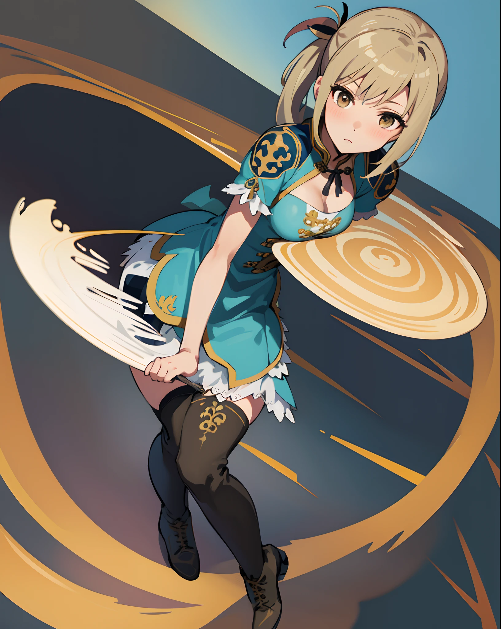 best quality, (masterpiece:1.2), illustration, absurdres,
(1girl, solo), (beautiful detailed girl), (cute:0.4), 
Wang Yuanji, blonde hair, ponytail, brown eyes, large breasts, 
aqua dress, ornate dress, cleavage, aqua skirt, black thigh boots, thighhigh boots, high heels,
blush, looking at viewer, 
(chinese architecture background), 
sitting, cowboy shot, full body,