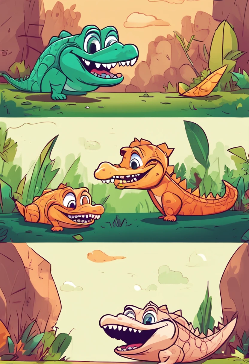 A cute alligator named Junior lives happily in the woods, feliz, estilo cartoon, estilo logo, estilo desenho animado, resulução4k,recursos faciais alteamente detalhados