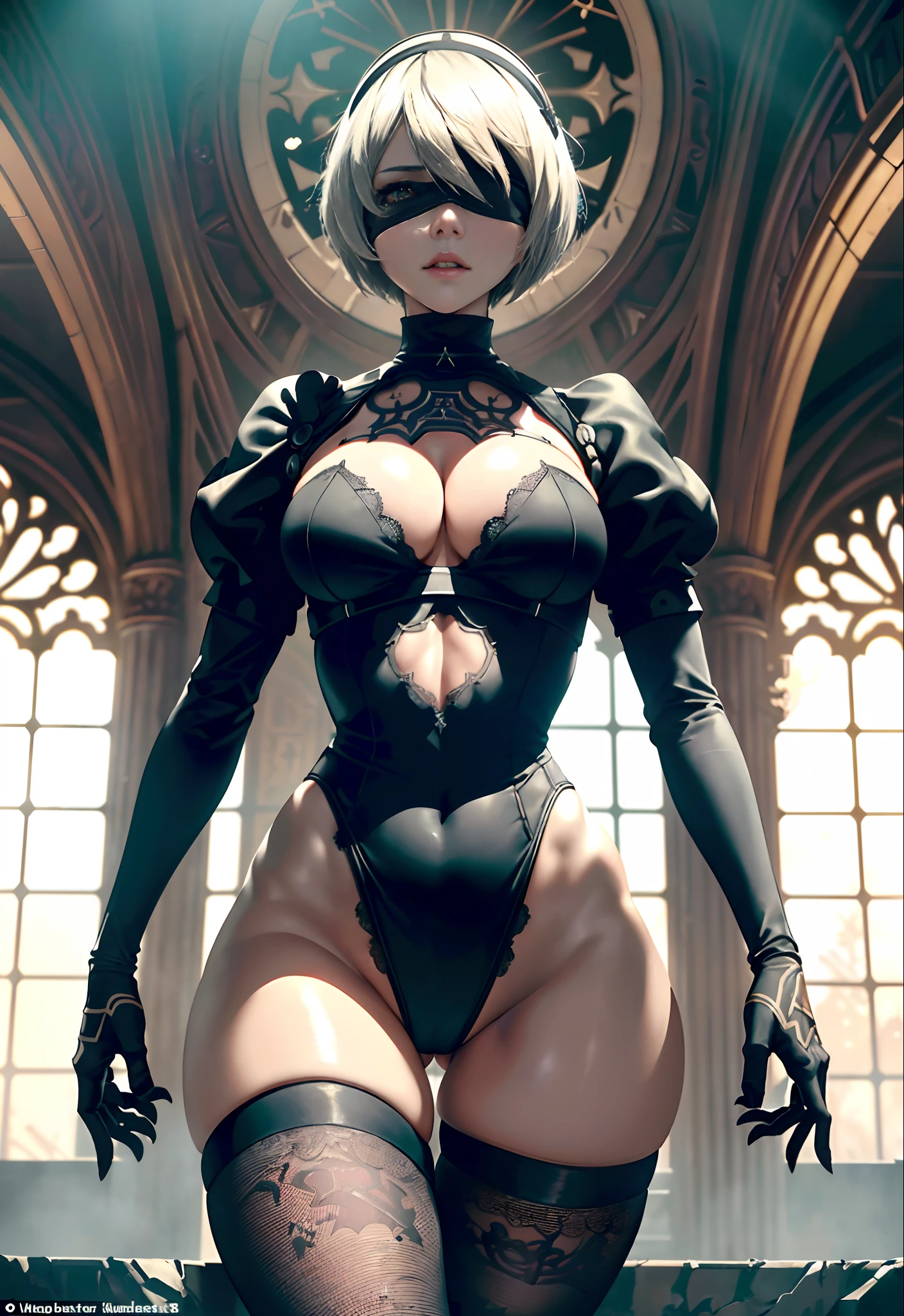 (Masterpiece, nier automata 2B with black blindfold on grabbing her buttocks1.5)  (Best Quality, cinematic lighting: 1.5), Perfect Eyes, Perfect Face, Volumetric Lighting, sunray lit atmosphere cinematic presentation, background is a intricately detailed cathedral, cinematic camera, cinematic lens. Very accentuated hourglass figure, skin is greasy.