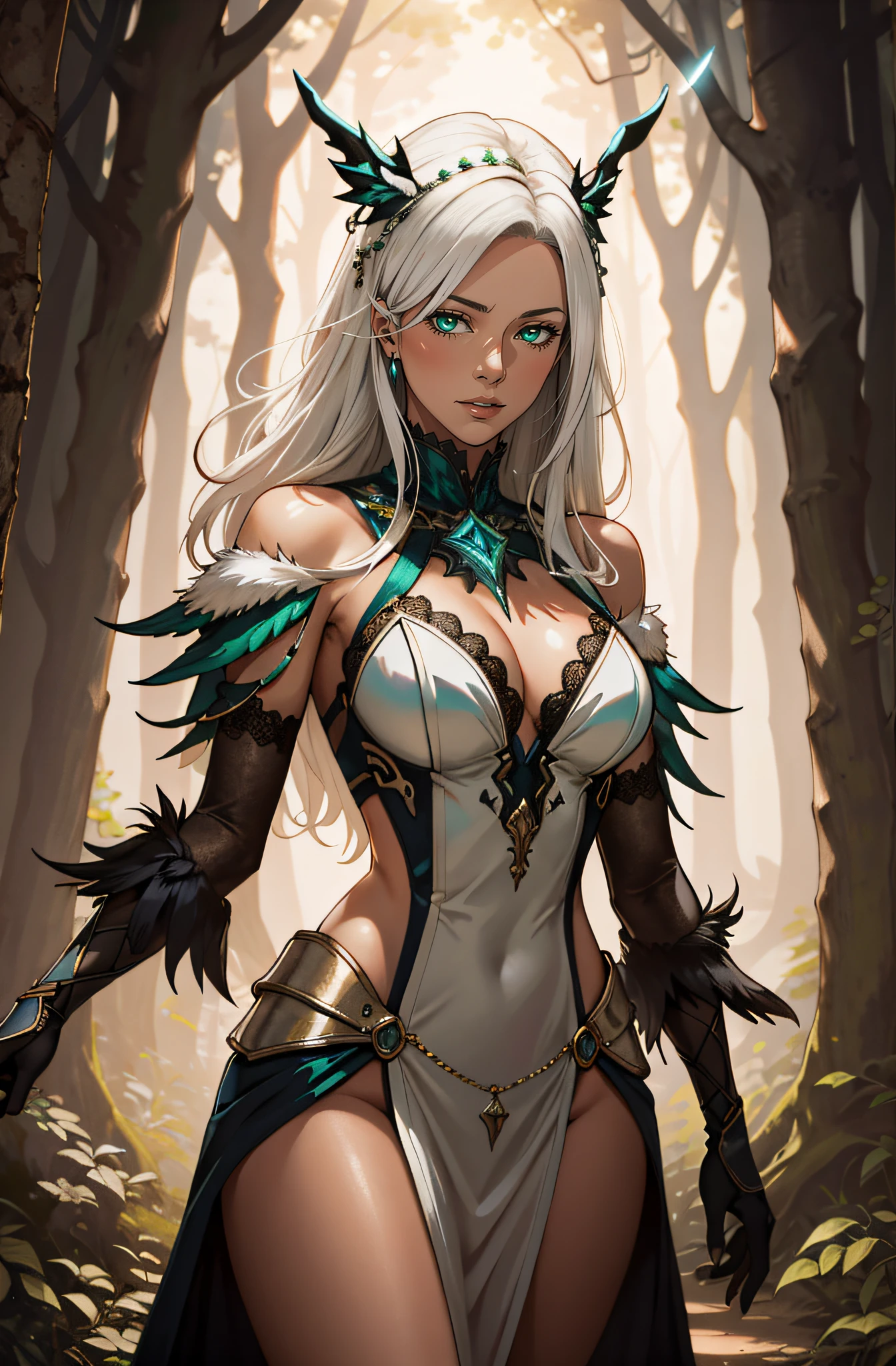 realistic photo, masterpiece, high contrast, good lighting, WHOLE BODY, WOMAN, LIGHT WHITE HAIR, FOREST INSIDE, SORCERESS GREEN FABRIC