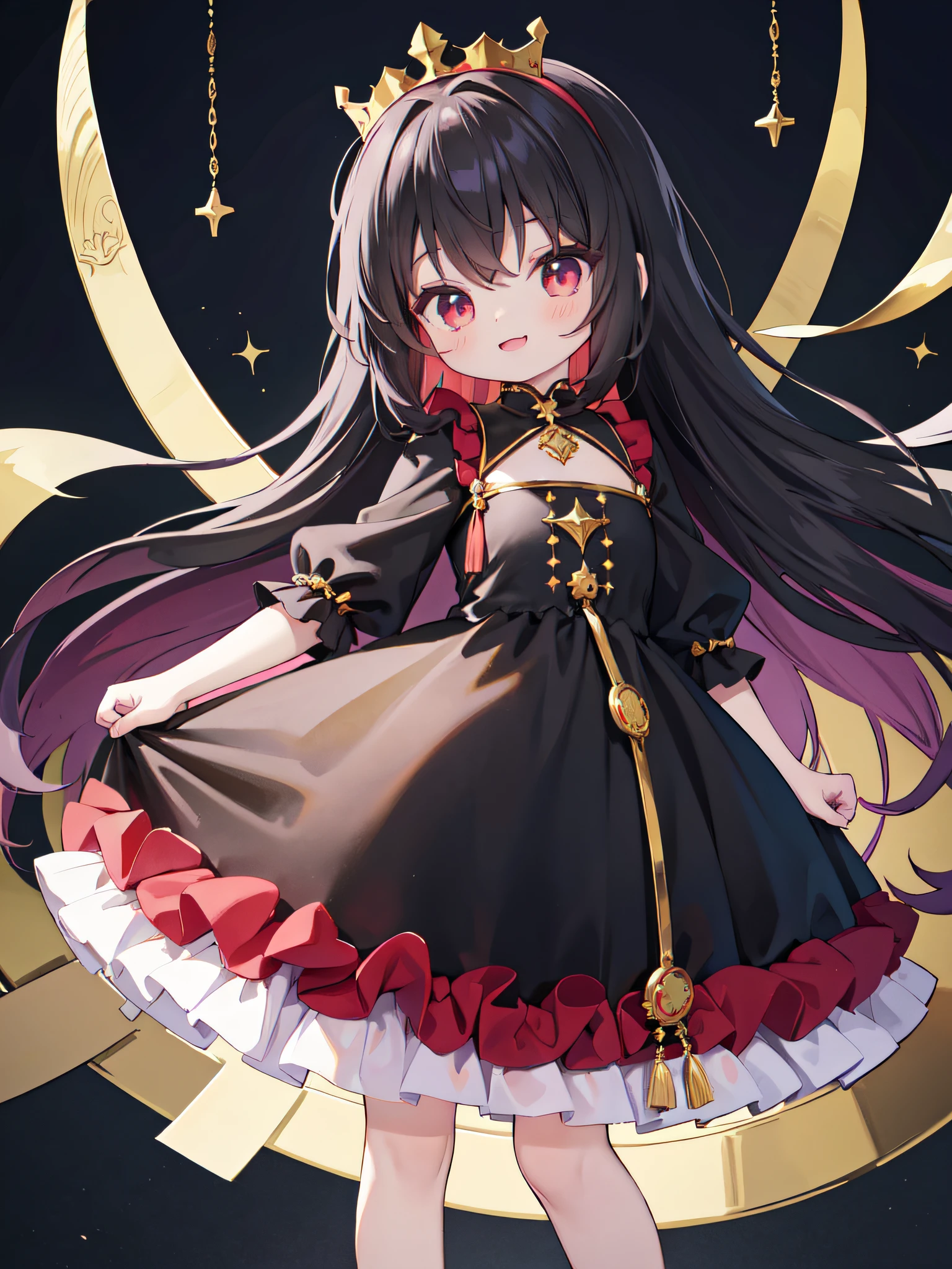 child, a little girl, petite body, adorable face, happy smile, ruby crown, black hair, long hair, gold accessories, is standing, standing straight, gothic dress