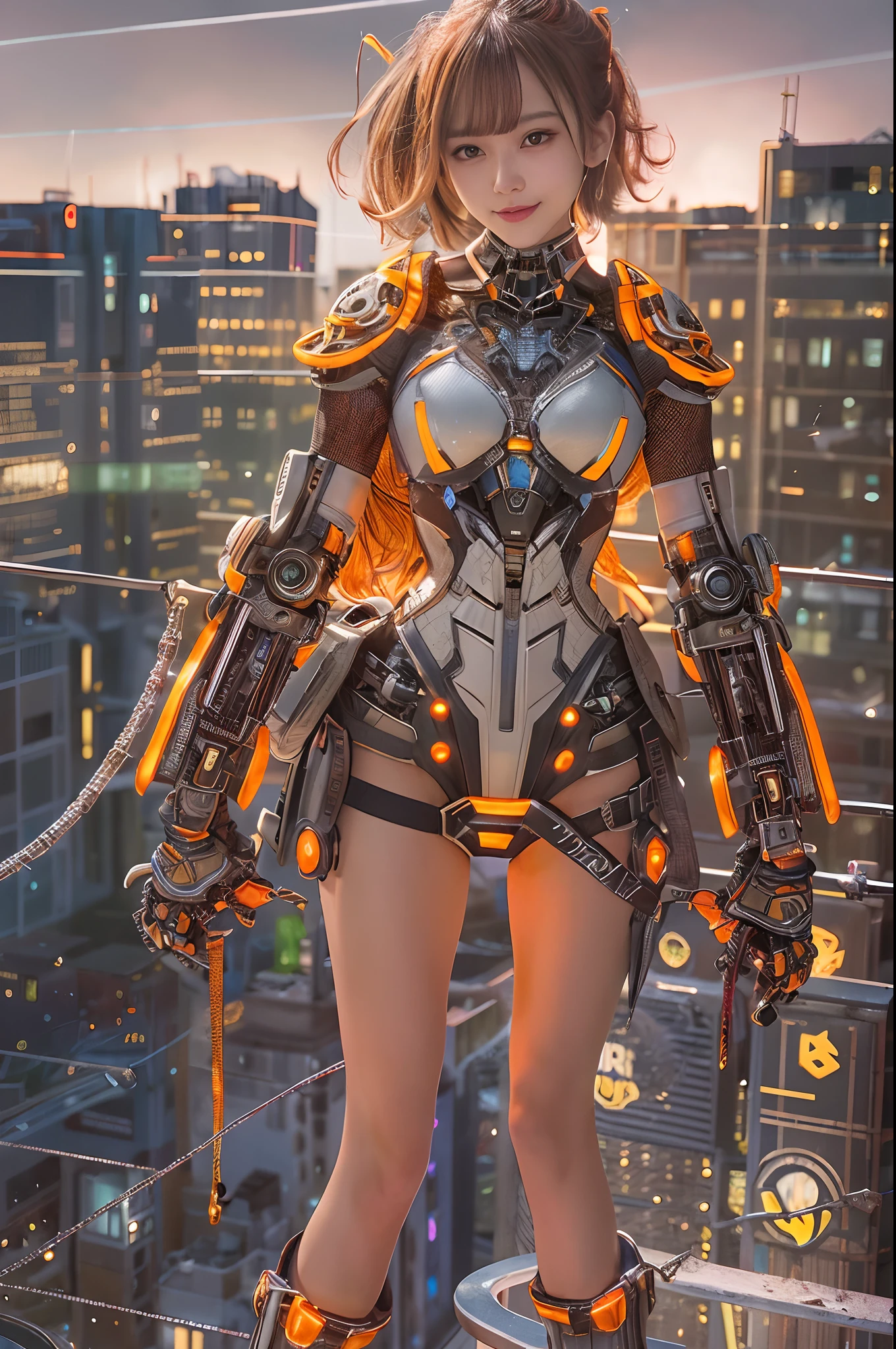 Cybernetic arm and glowing cyber girl,(Sheer and revealing costumes:1.3, )Stand on a post-apocalyptic battlefield cityscape.Surrounded by a network of wires. Surrounded by a web of circuits. (Cyber Girl with Orange Glowing Sword:1.3), Glossy light brown and orange striped shorthair,Cute smile,Perfect round face,A cheerful smile that makes the viewer happy,Proper body proportion,masutepiece,Super high-quality output images,hight resolution,Intricate details,Very delicate and beautiful hair,photos realistic,Dreamy,Professional Lighting,realistic shadow,Solo Focus,Beautiful hands,Beautiful fingers,Detailed finger features,detailed clothes features,Detailed hair features,detailed facial features,