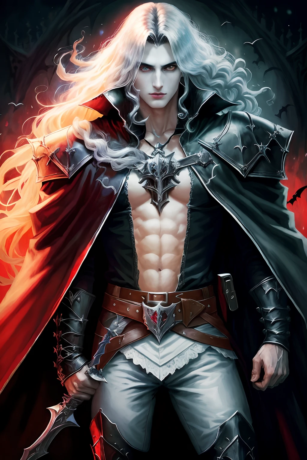 Alucard (Castlevania), Man with a sword and a cape standing, castelo, noite, light particles, retrato masculino da fantasia, arte de fantasia digital 3d detalhada, meio vampiro, Vampire Hunter, homem jovem, feiticeiro masculino malvado, Style of Art Digital of Epic Fantasy, epic fantasy HD art style, Epic fantasy art style, Alucard, mago masculino magro, cabelo loiro, olhos dourados, olhos abertos