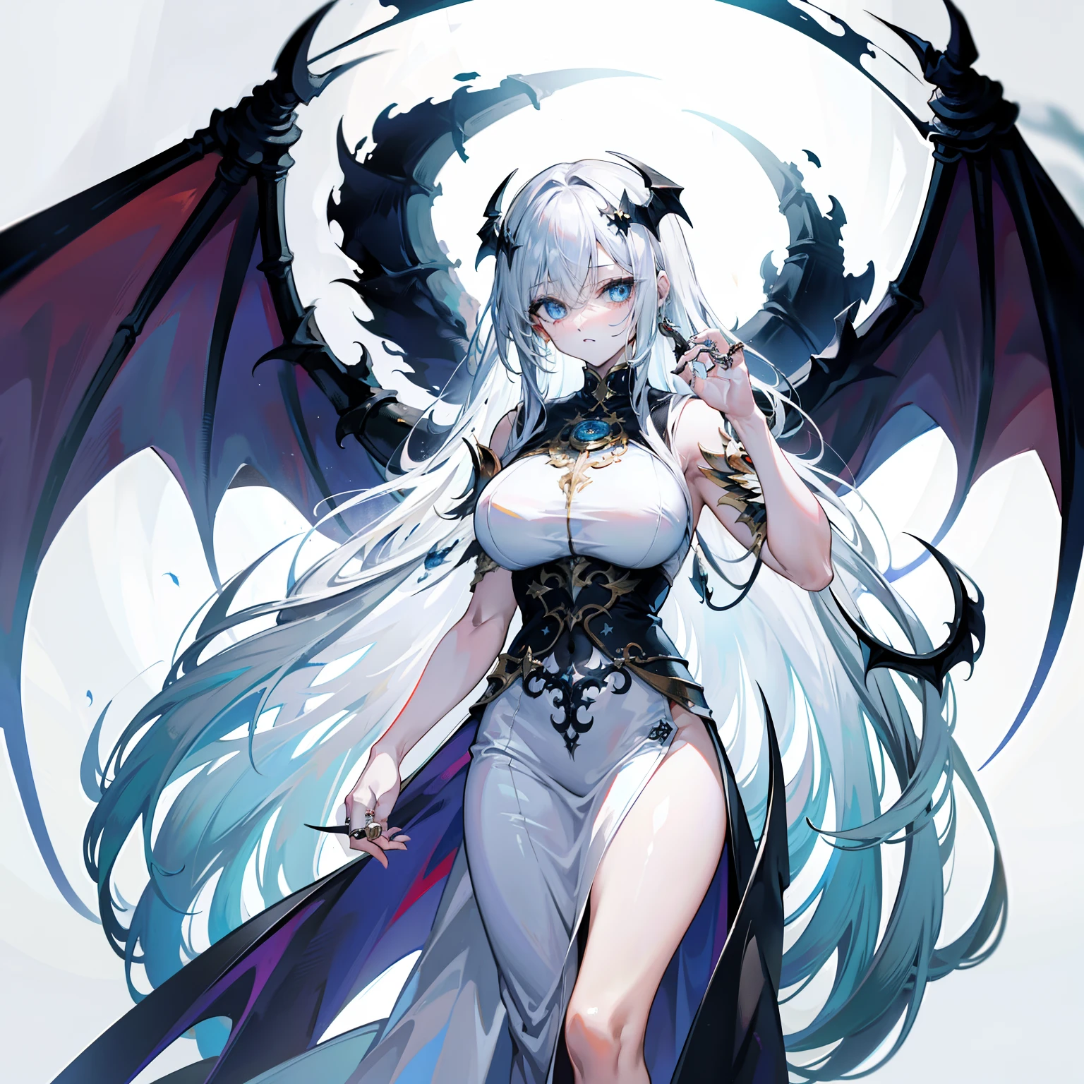 Night World, Perfect female body, 1 girl, 20-year-old, Long white hair, Gray and silver hair, Huge ahoge, ^ ^, Small breasts, Light Skin, Larger clothes,Fantasy,devil