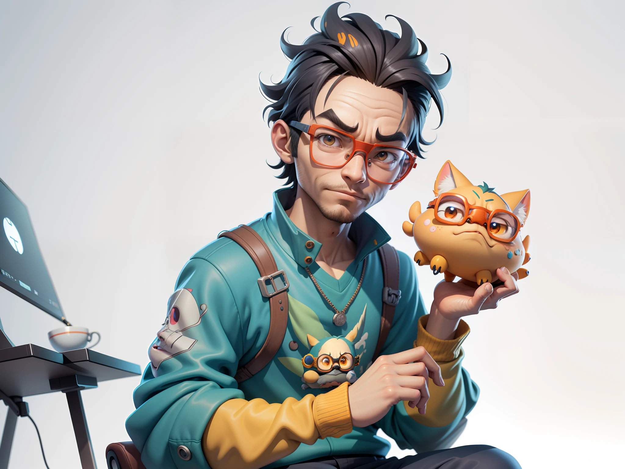 A young man with glasses sits at his desk,holding laptop,digitial painting,3D character design by Mark Clairen and Pixar and Hayao Miyazaki and Akira Toriyama,4K HD illustration,Very detailed facial features and cartoon-style visuals。