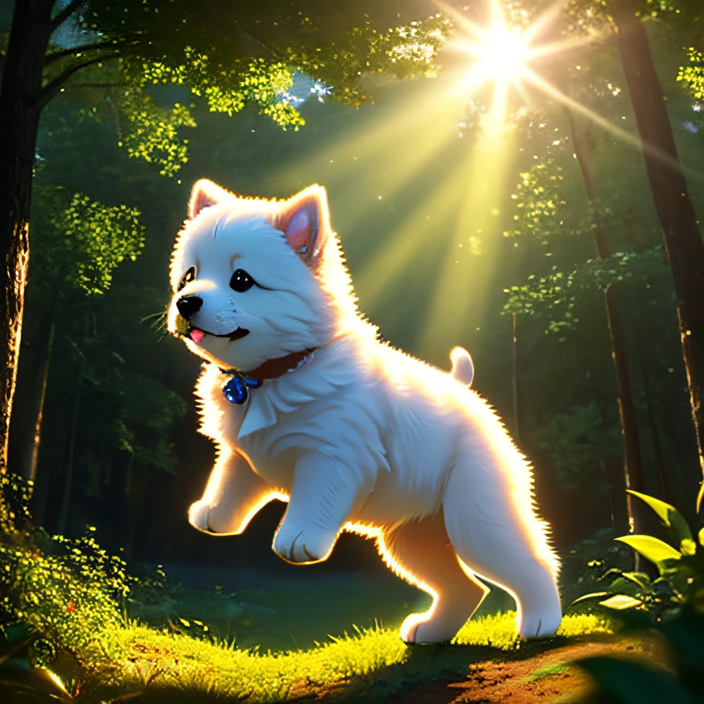 (best quality: 1.2), (masterpiece: 1.2), (realistic: 1.2),  closeup photo, a very cute jumping puppy in the forest, soft volumetric lights, (looking at the viewer: 1.3), (backlit:1.3), (cinematic:1.2), intricate details, masterpiece